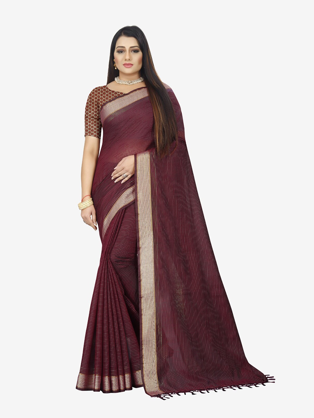 

Indian Fashionista Red & Gold-Toned Striped Zari Baluchari Saree