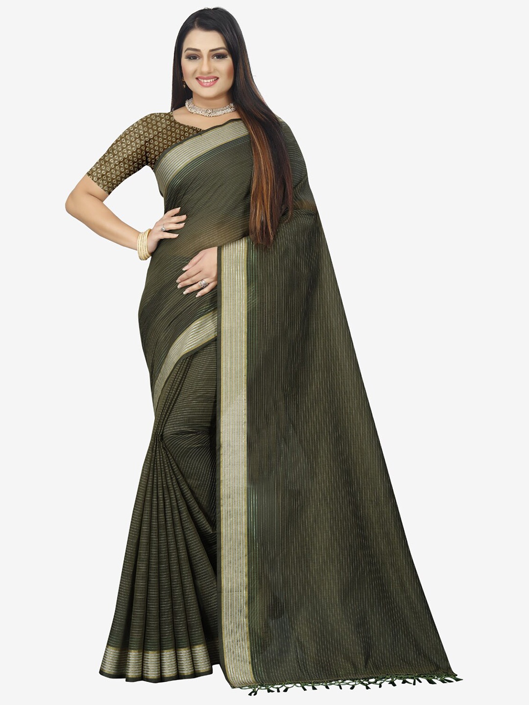 

Indian Fashionista Green Striped Zari Baluchari Saree