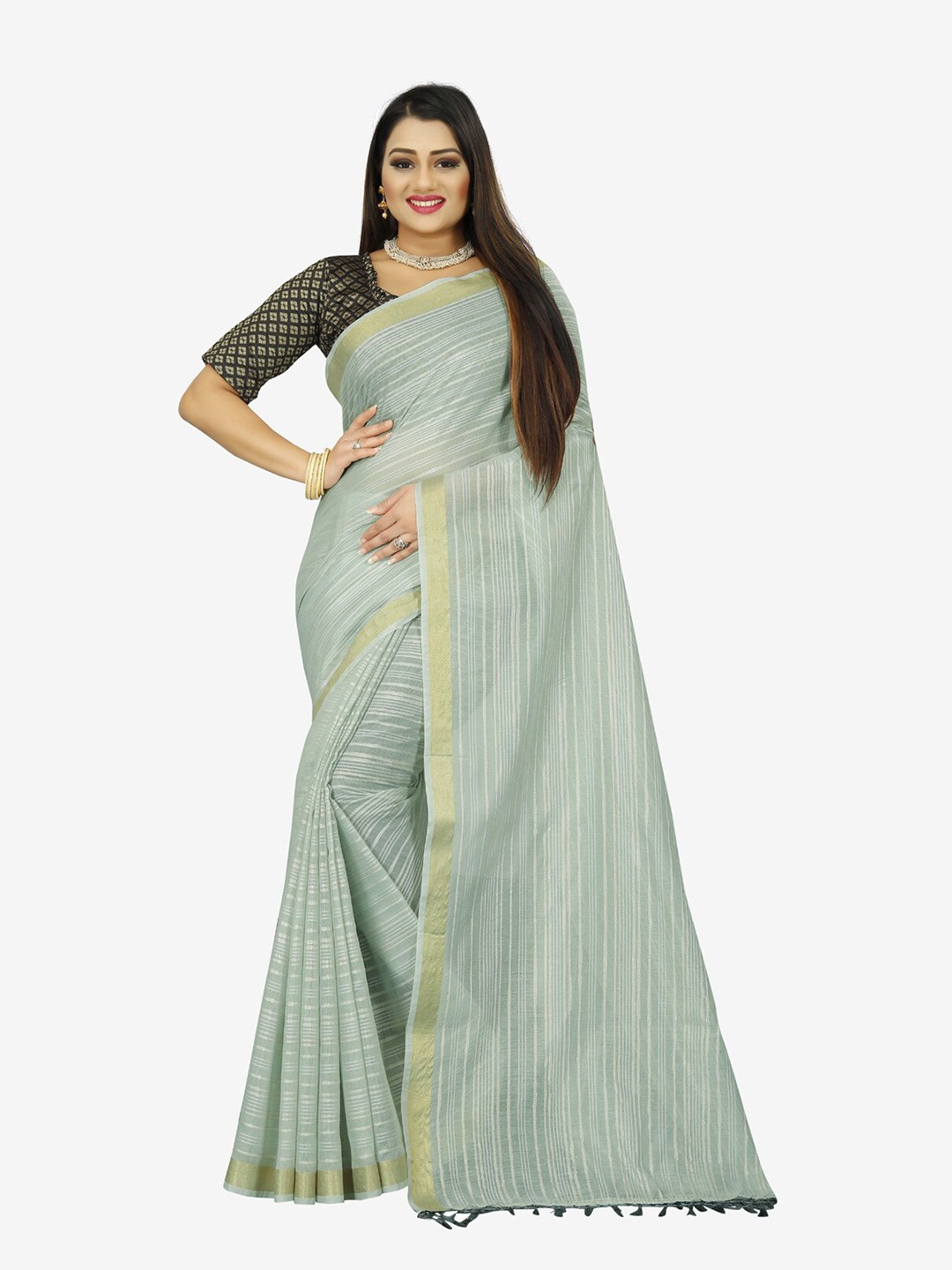 

Indian Fashionista Blue & Gold-Toned Striped Zari Baluchari Saree