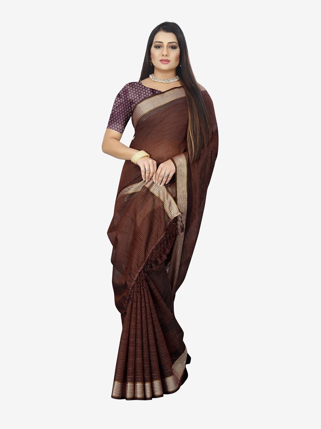 

Indian Fashionista Multicoloured & Gold-Toned Striped Zari Baluchari Saree, Multi