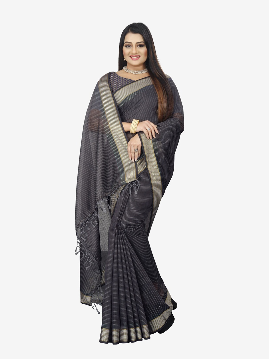 

Indian Fashionista Grey & Gold-Toned Striped Zari Baluchari Saree
