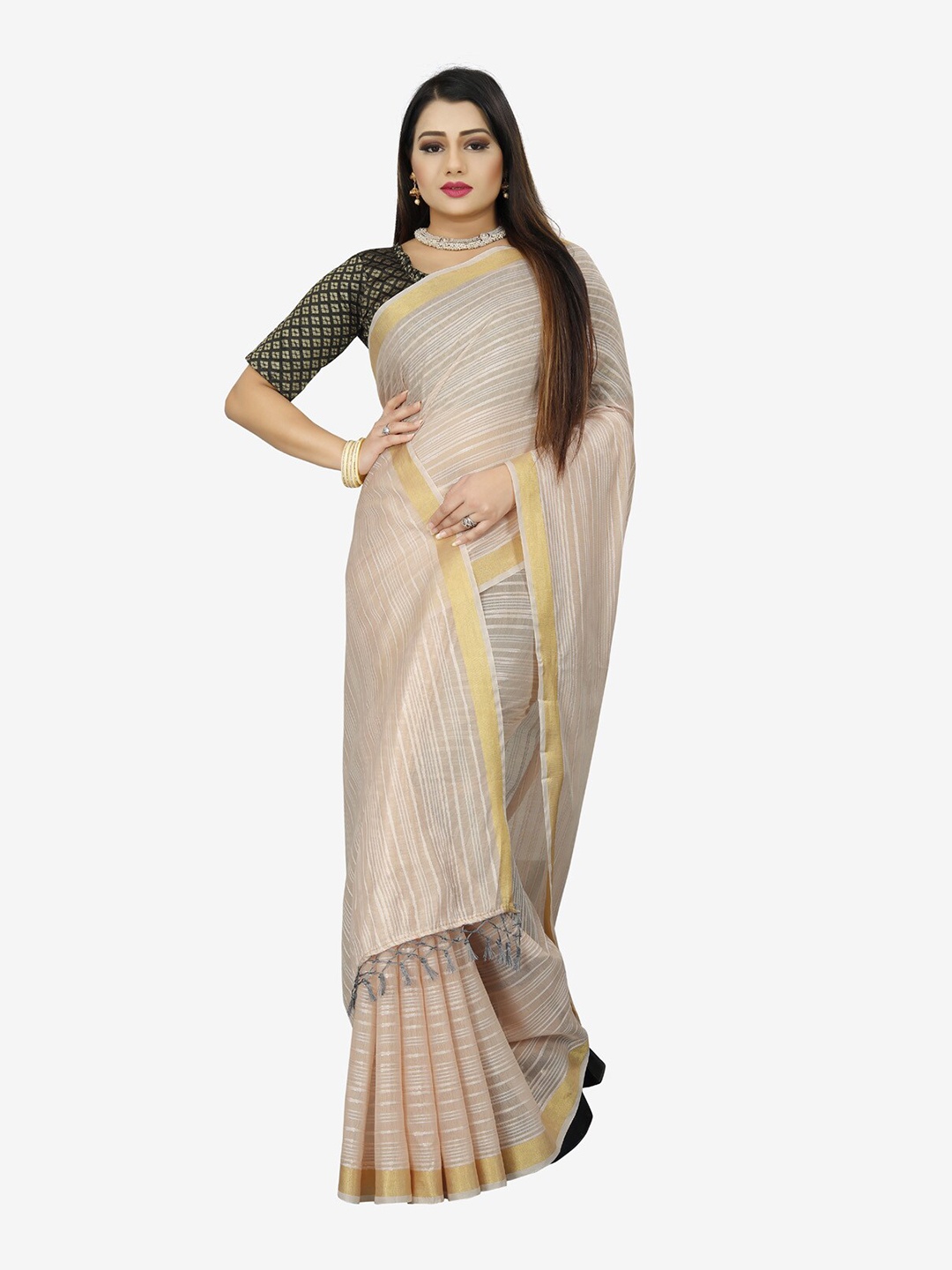 

Indian Fashionista Beige & Gold-Toned Striped Zari Baluchari Saree