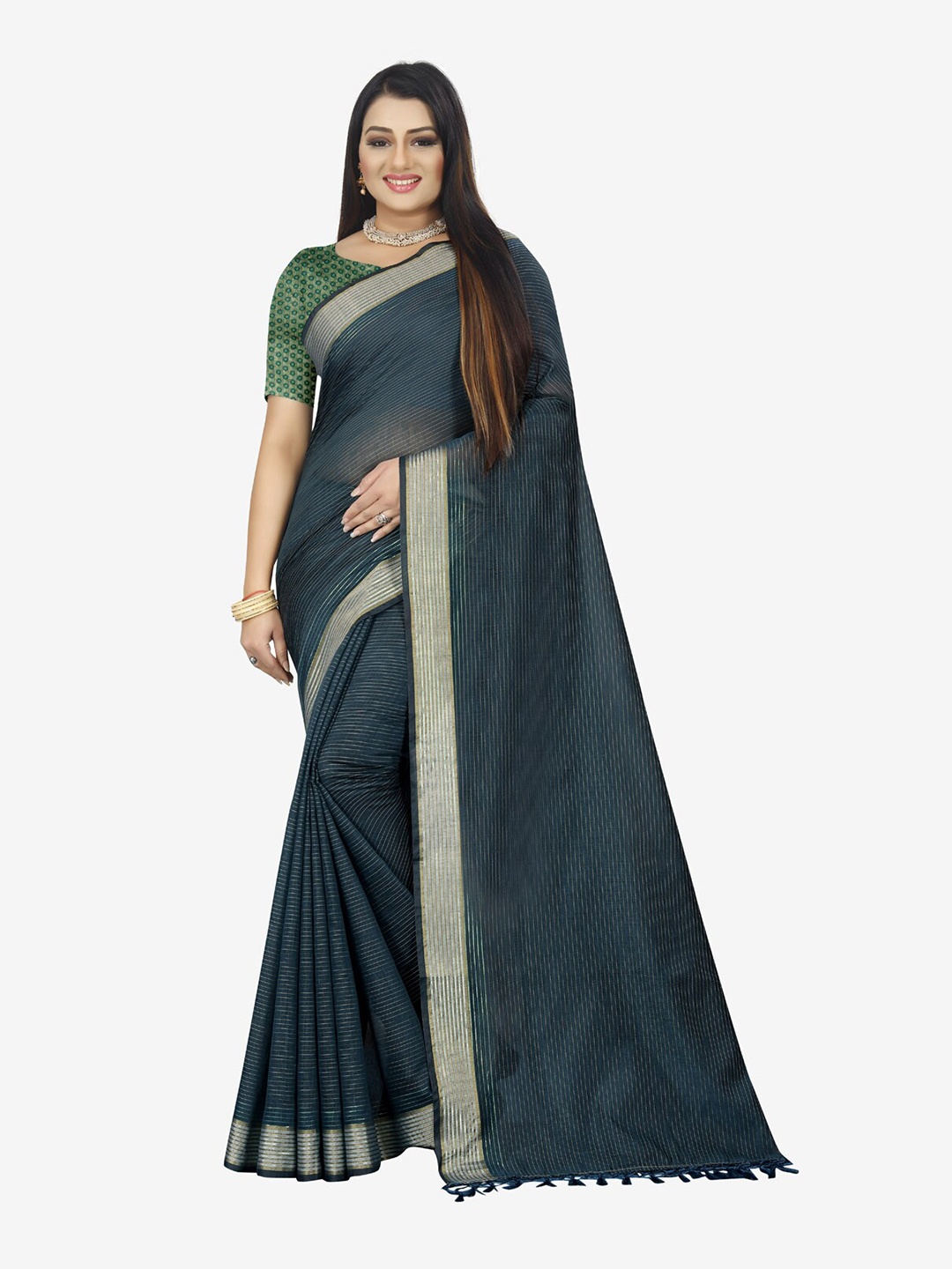 

Indian Fashionista Lime Green & Silver-Toned Striped Zari Baluchari Saree