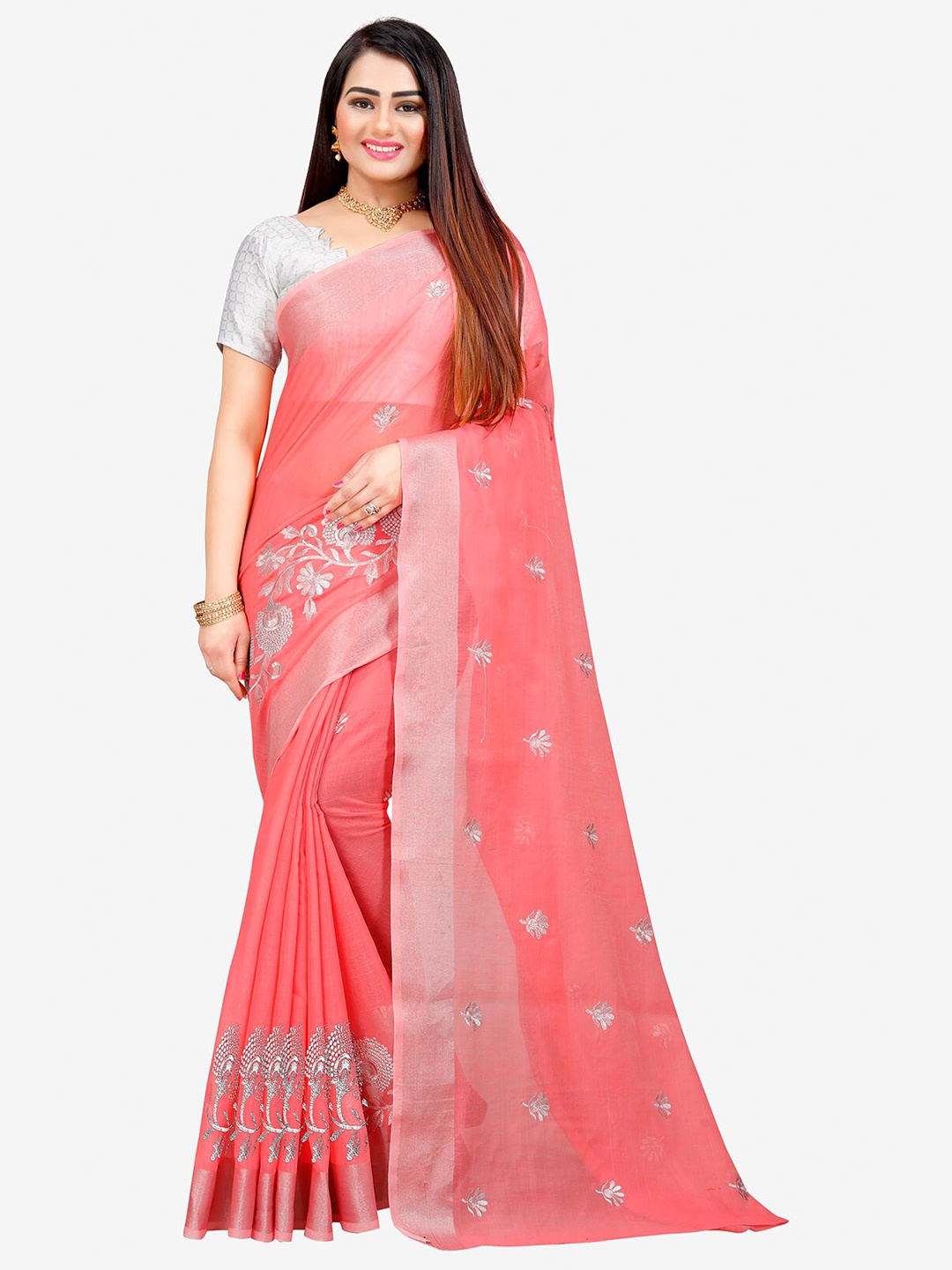 

Indian Fashionista Pink & Silver-Toned Kalamkari Embroidered Silk Cotton Mysore Silk Saree