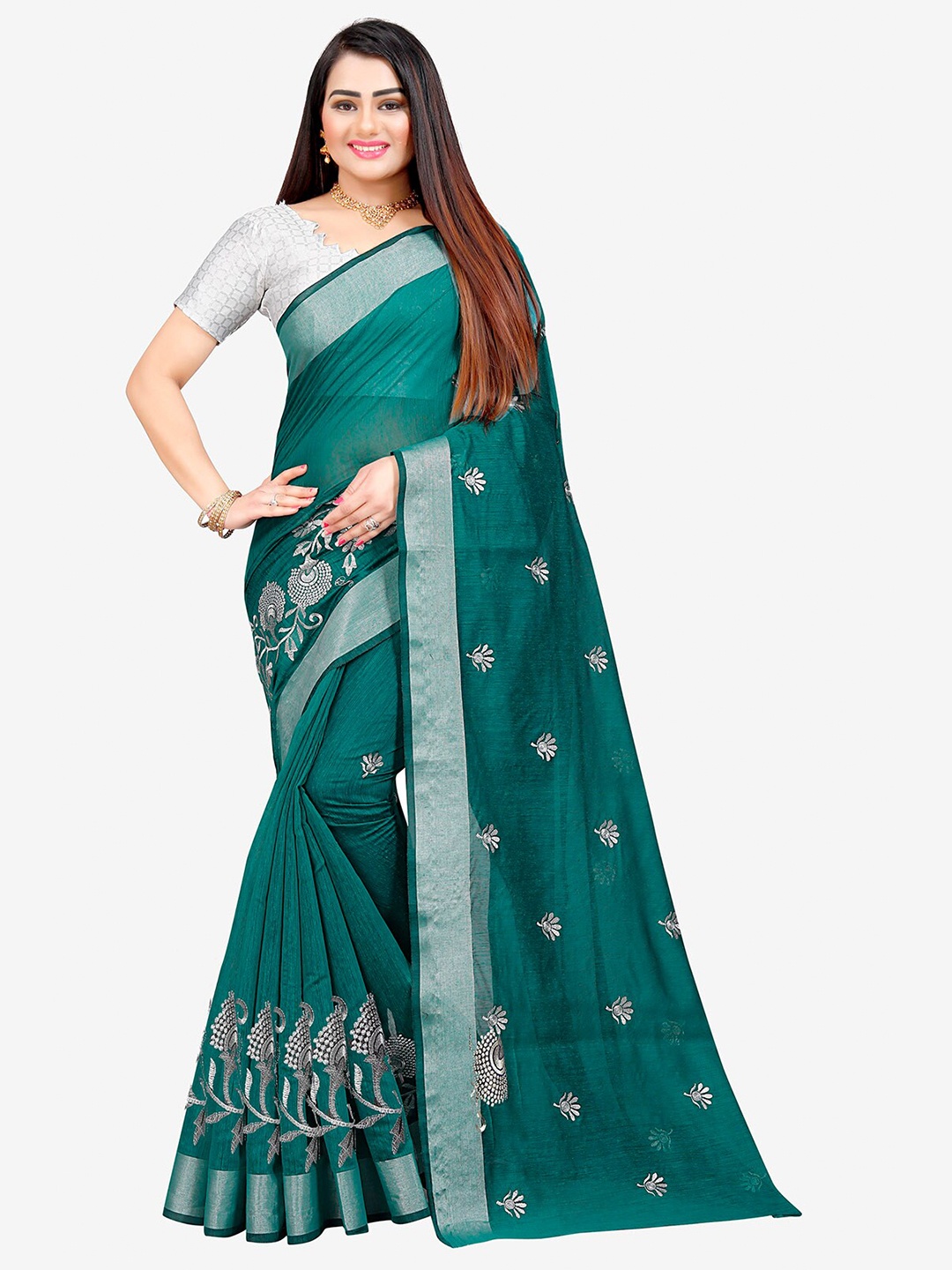 

Indian Fashionista Fluorescent Green & Silver-Toned Kalamkari Embroidered Silk Cotton Mysore Silk Saree