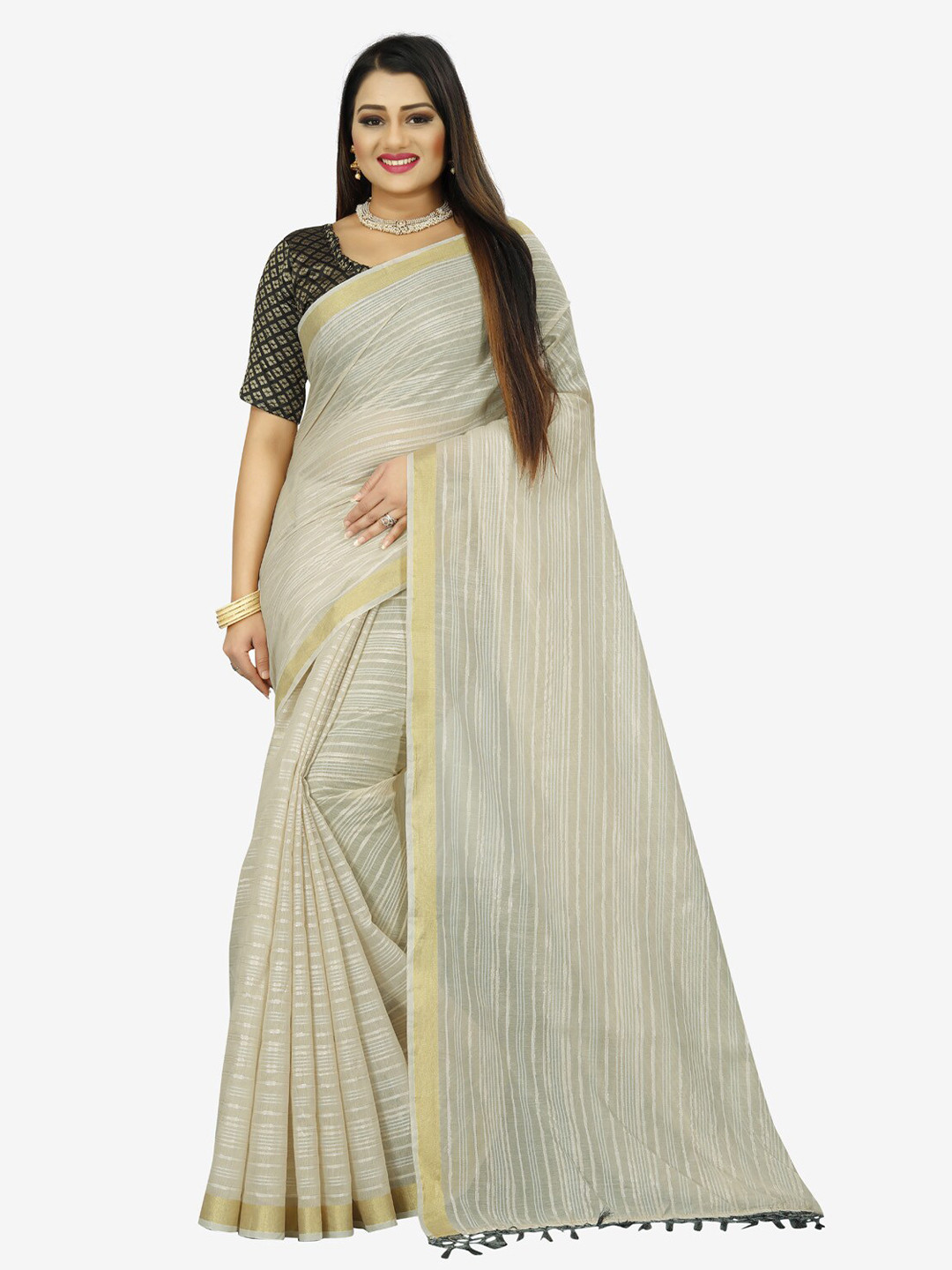 

Indian Fashionista Cream-Coloured & Gold-Toned Striped Zari Baluchari Saree