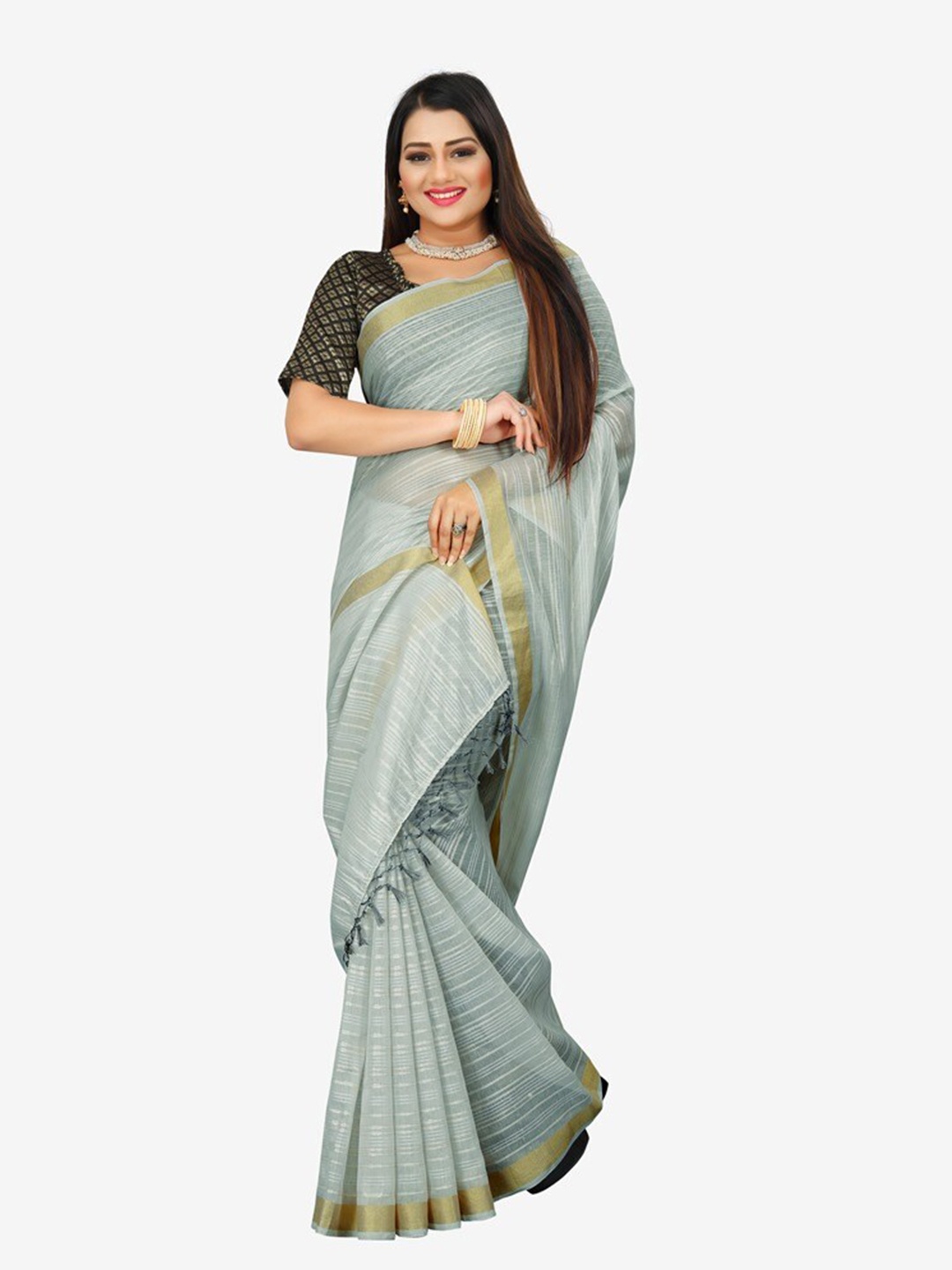 

Indian Fashionista Turquoise Blue & Gold-Toned Striped Zari Baluchari Saree