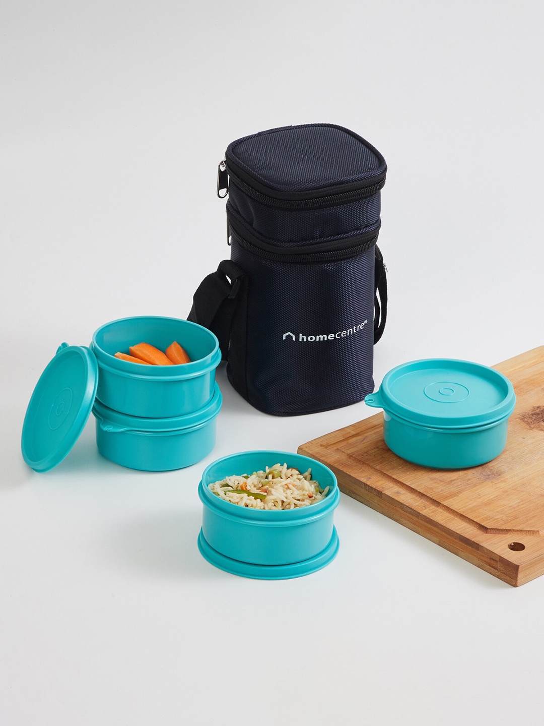 

Home Centre Adults Set of 4 Teal Blue Solid Lunch Box With Carry Bag 350ml each