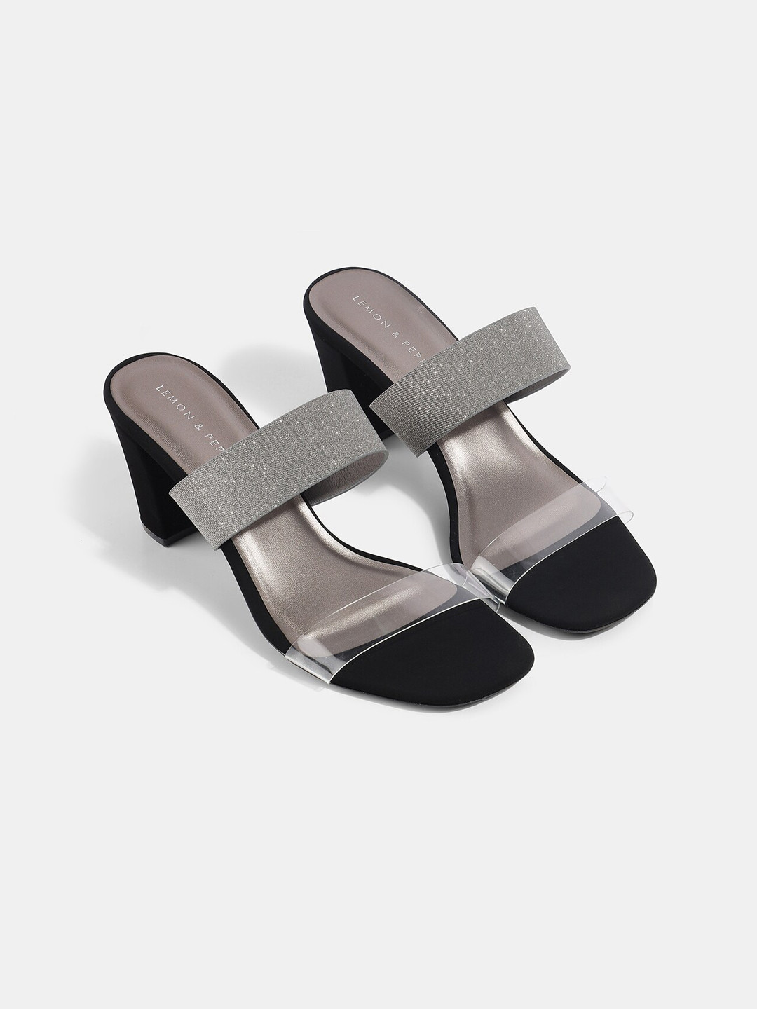 

LEMON & PEPPER Grey Colourblocked PU Block Heels