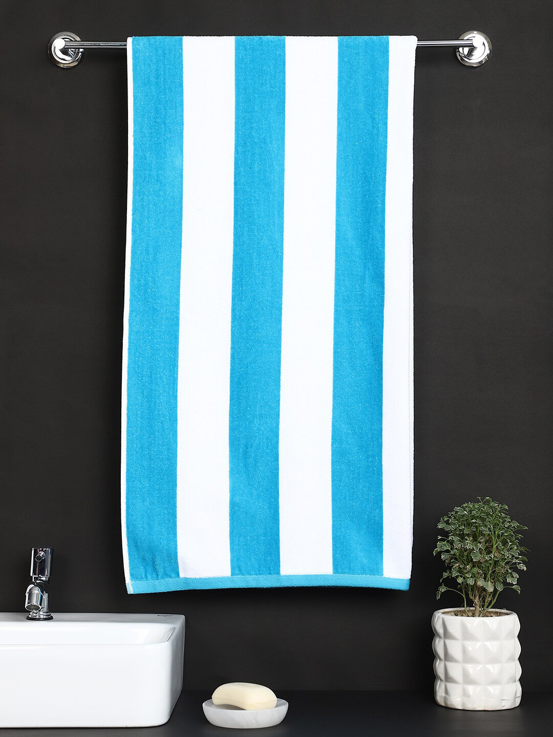 

Raymond Home Unisex White & Blue Striped 430 GSM Cotton Bath Towels