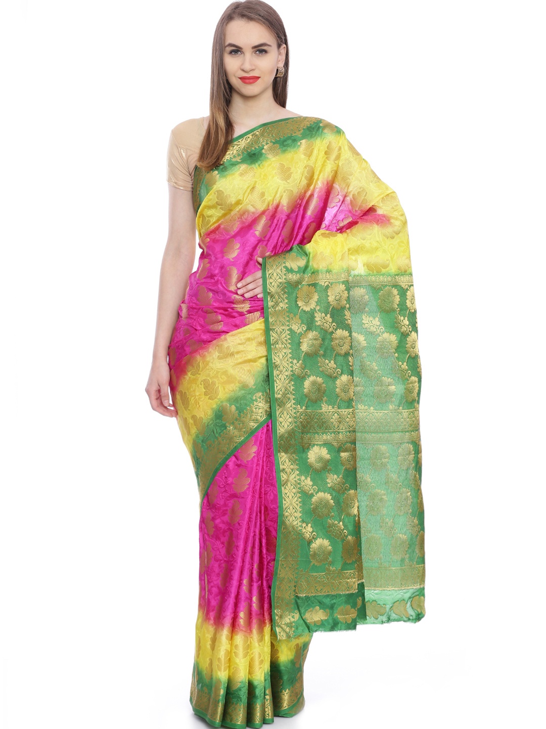 

MIMOSA Pink & Green Art Silk Zari Woven Kanjeevaram Saree