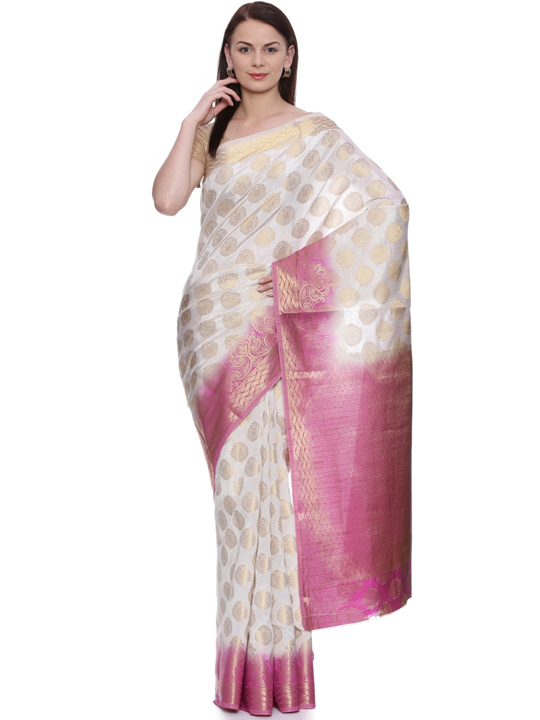

MIMOSA Off-White & Golden Art Silk Zari Woven Kanjeevaram Saree