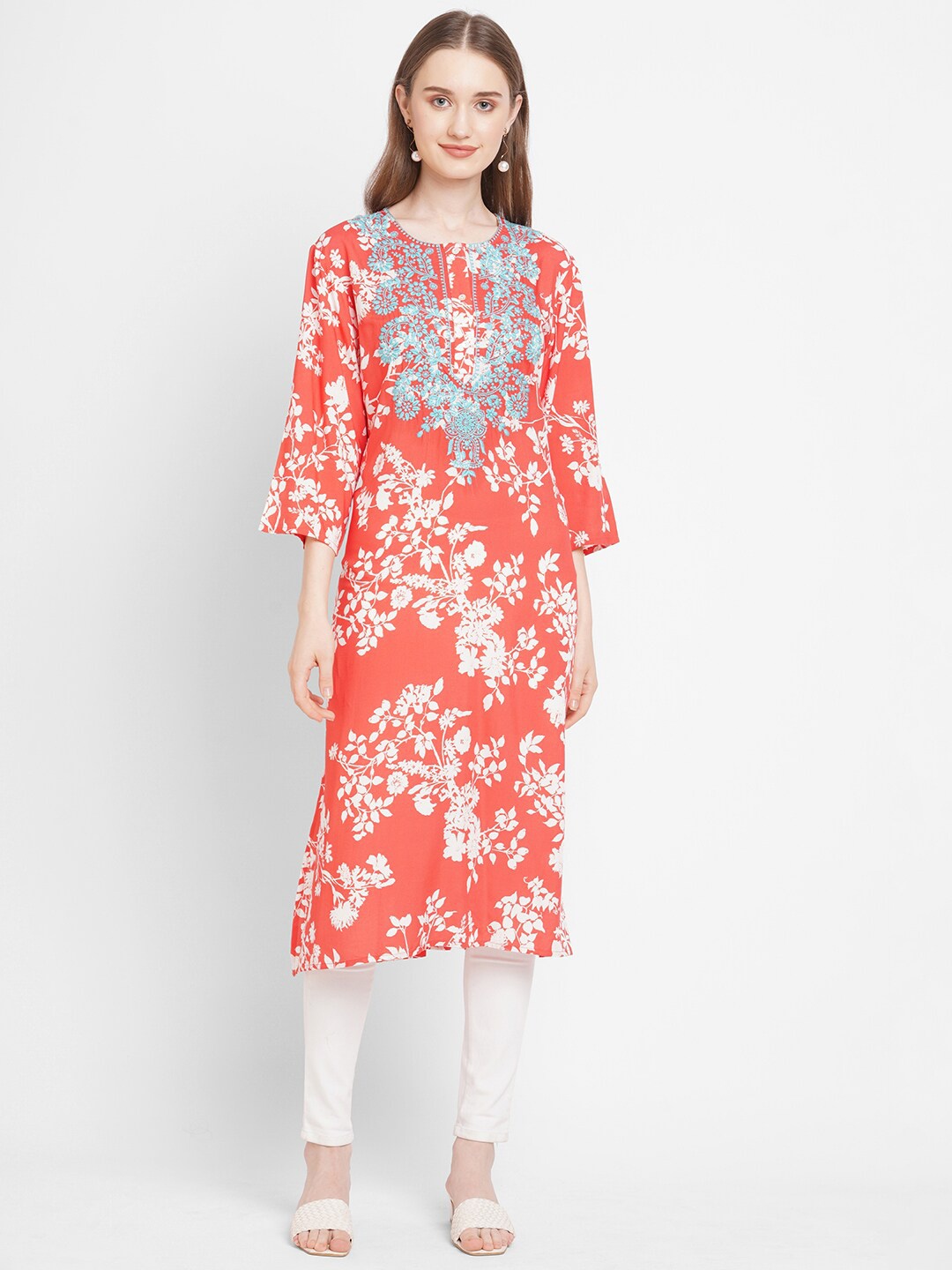 

Cloth Haus India Women Orange & White Floral Embroidered Floral A-Line Kurta