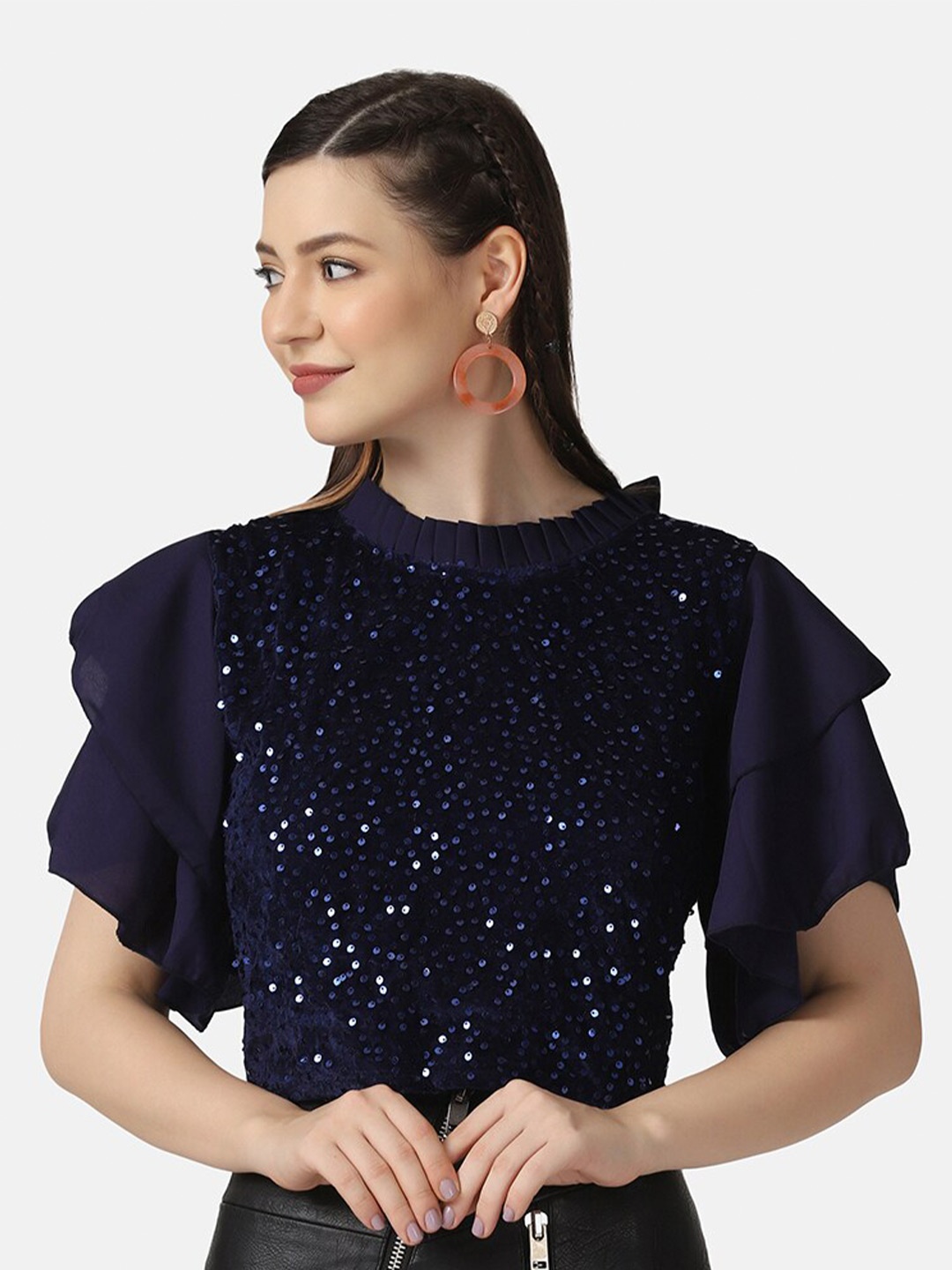 

BUY NEW TREND Navy Blue Embellished Velvet Top