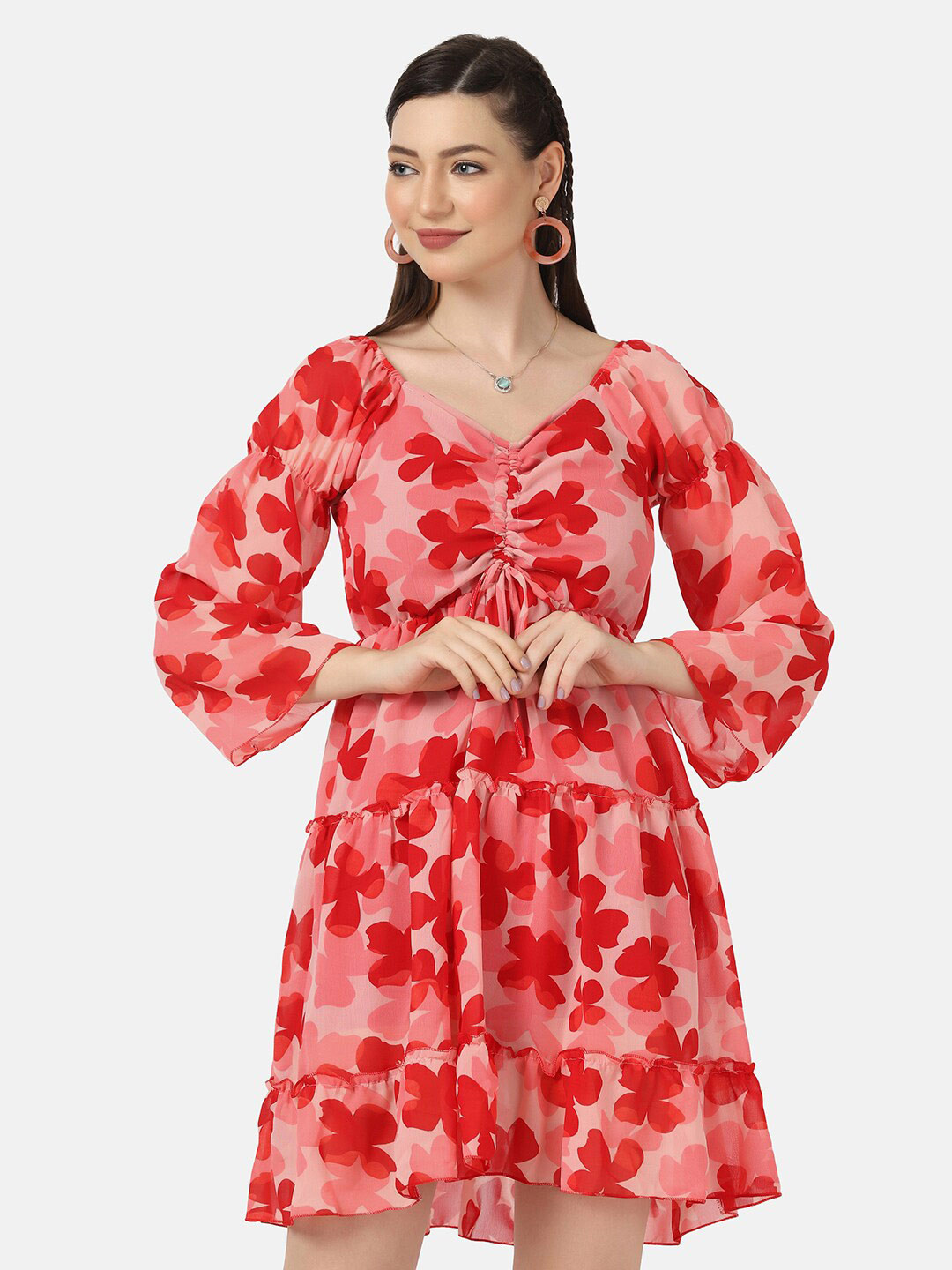 

BUY NEW TREND Women Red Floral Georgette Dress