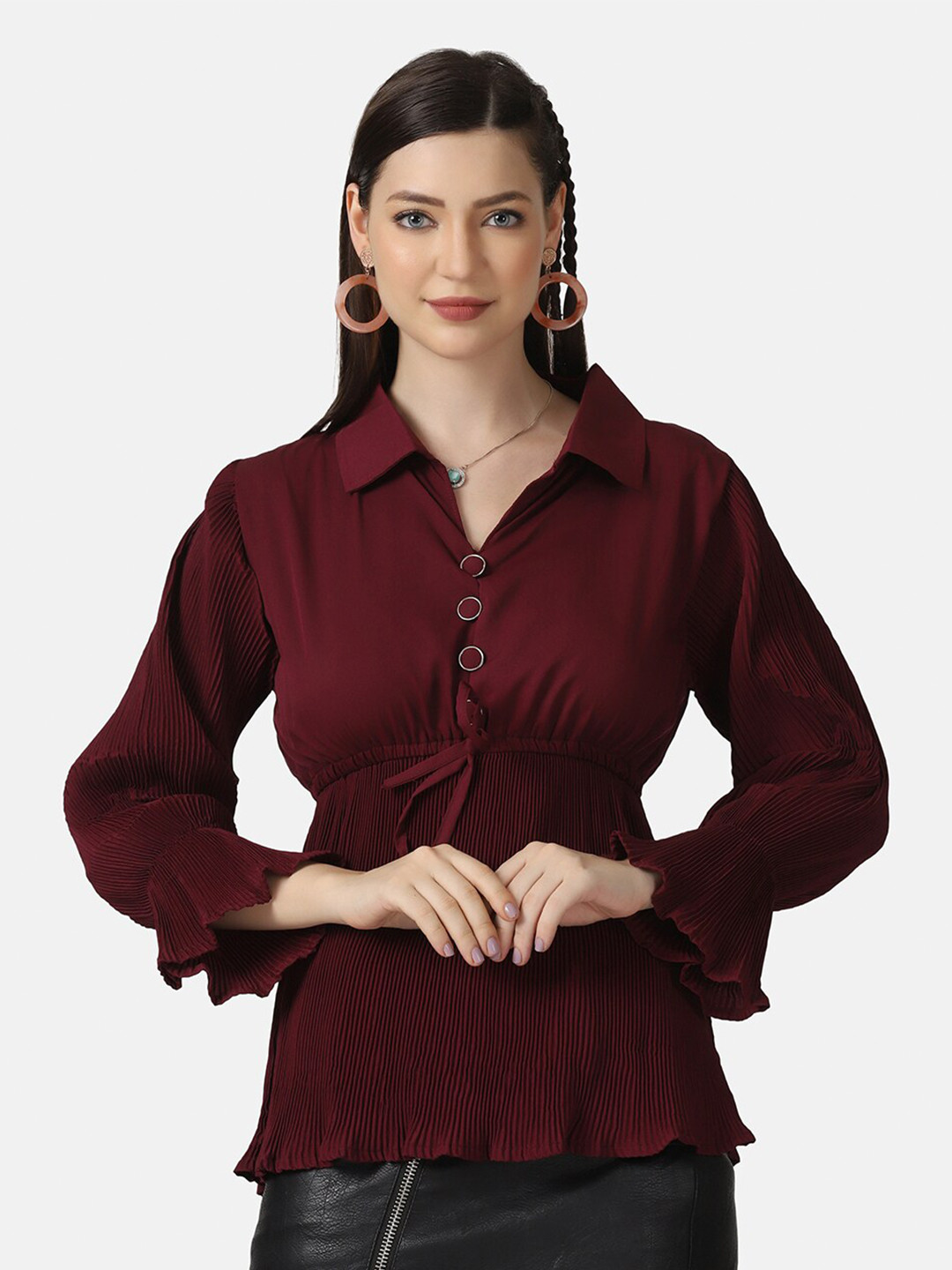 

BUY NEW TREND Women Brown Crepe Shirt Style Top