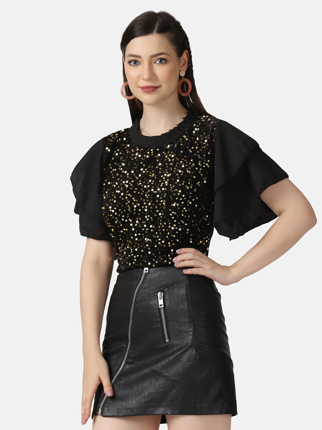 

BUY NEW TREND Black Embellished Print Velvet Top