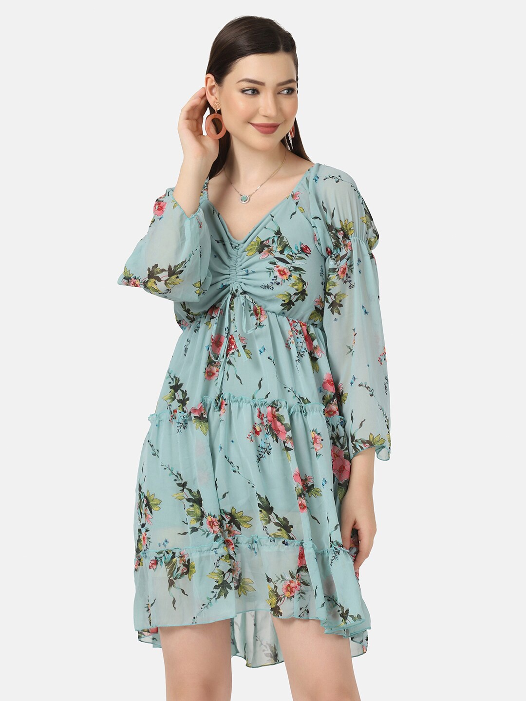 

BUY NEW TREND Women Blue Floral Georgette Dress