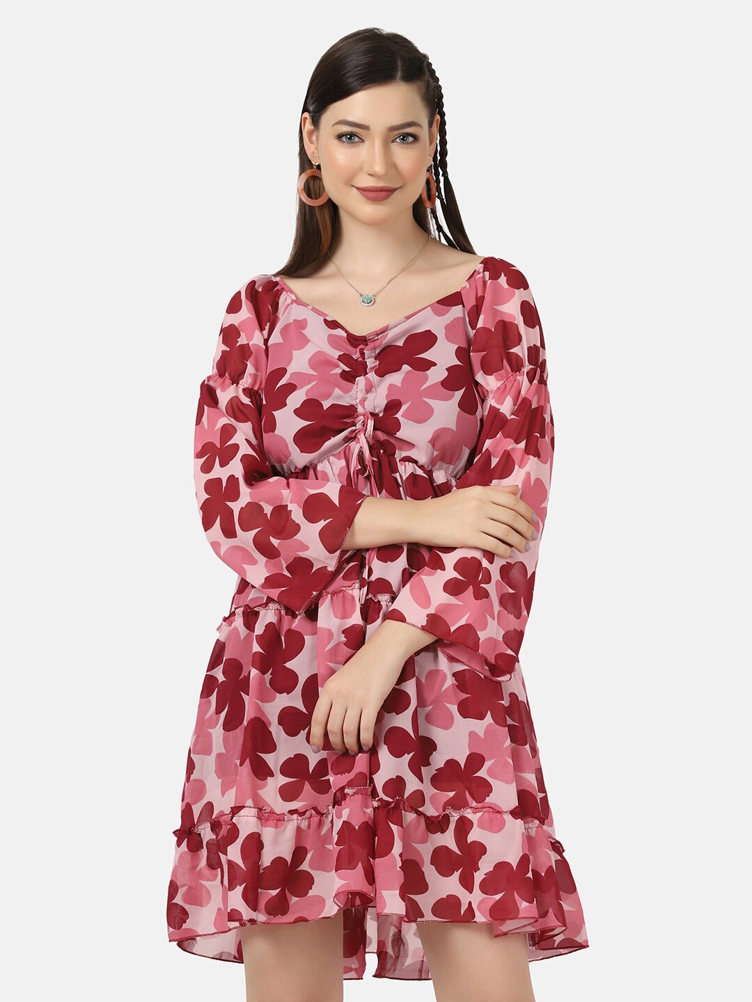 

BUY NEW TREND Women Maroon Floral Printed Georgette Dress