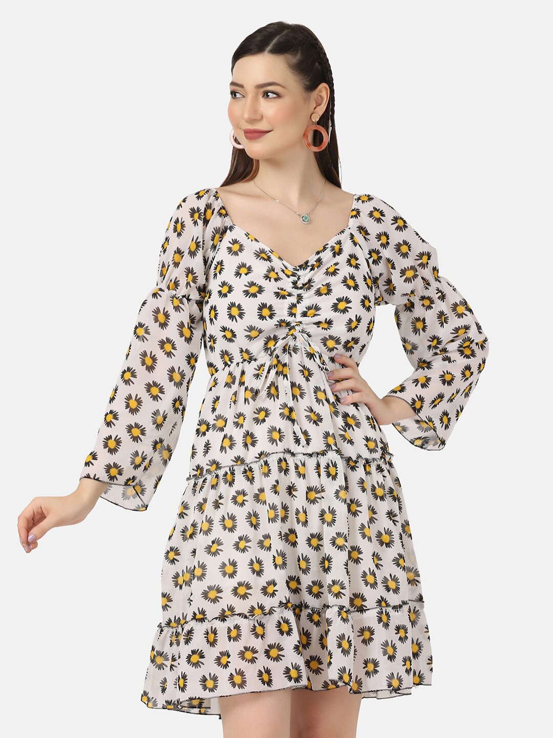 

BUY NEW TREND Yellow Floral Georgette A-Line Dress