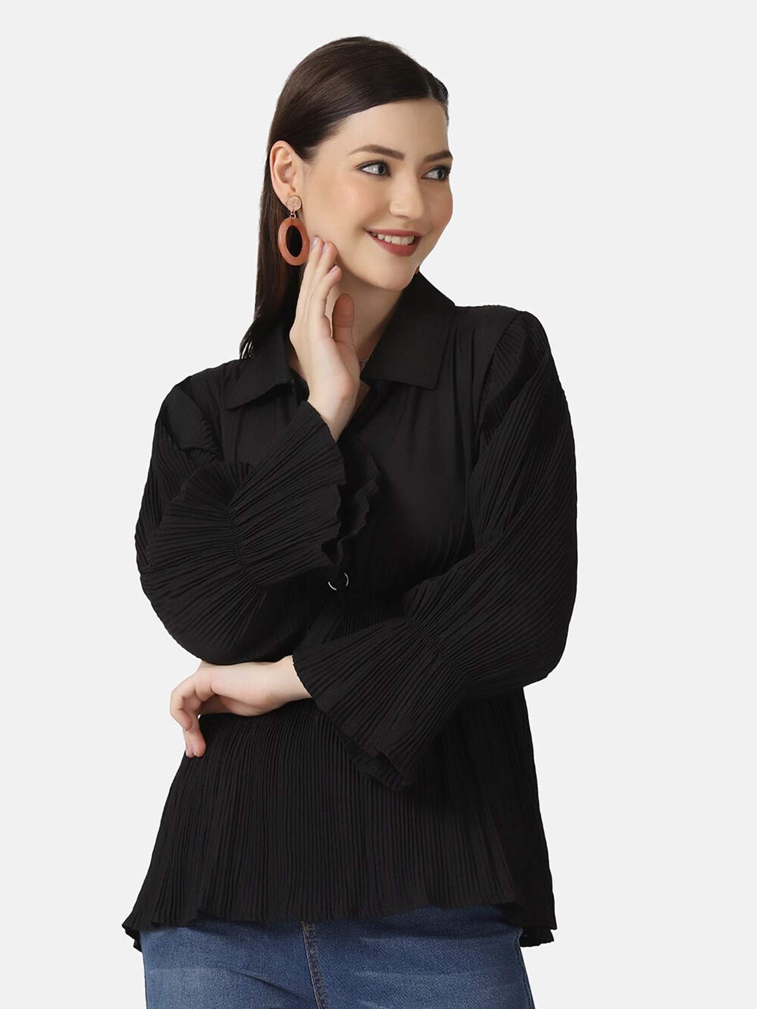 

BUY NEW TREND Black Crepe Shirt Style Top