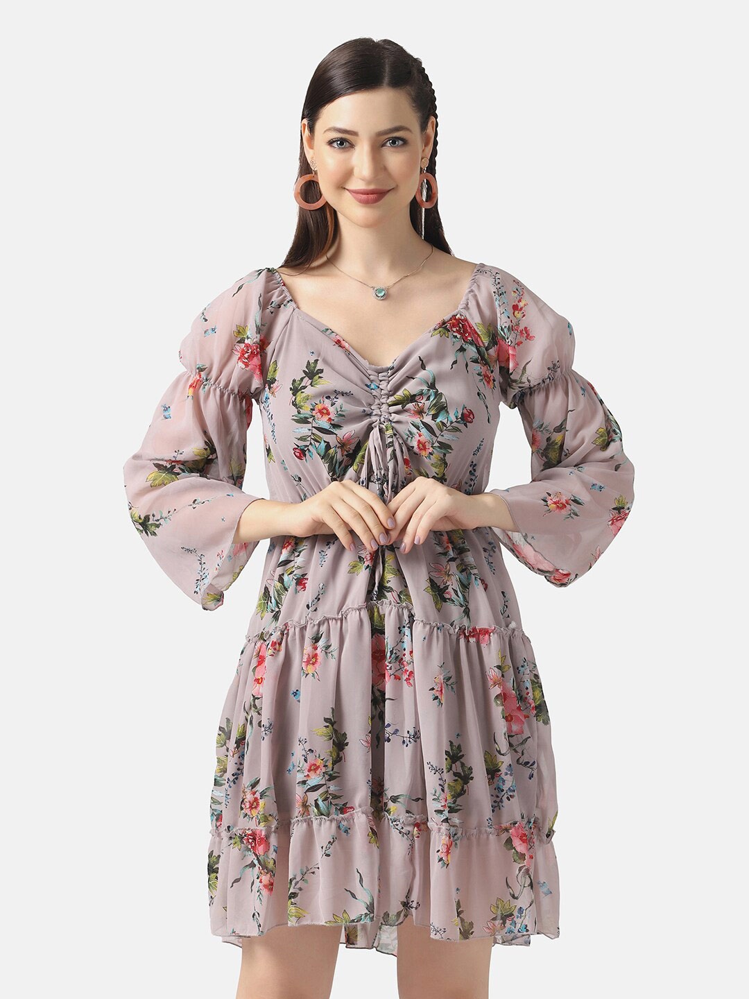 

BUY NEW TREND Women Grey Floral Printed V-Neck Georgette Empire Dress