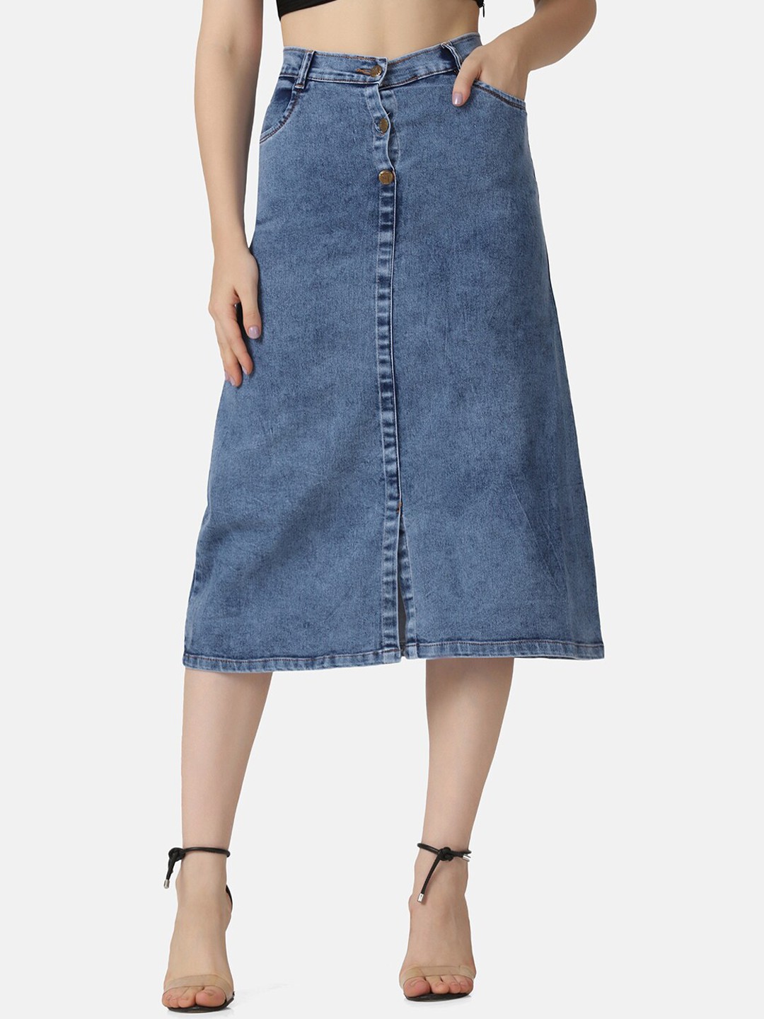 

BUY NEW TREND Women Blue Solid Denim A-Line Skirt