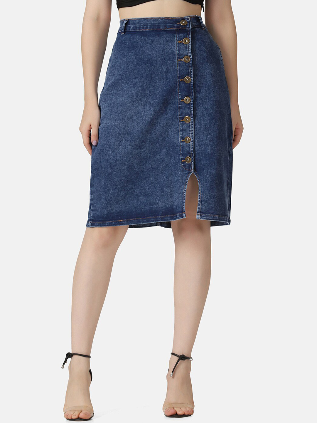 

BUY NEW TREND Women Blue Solid Denim A-Line Knee length Skirts