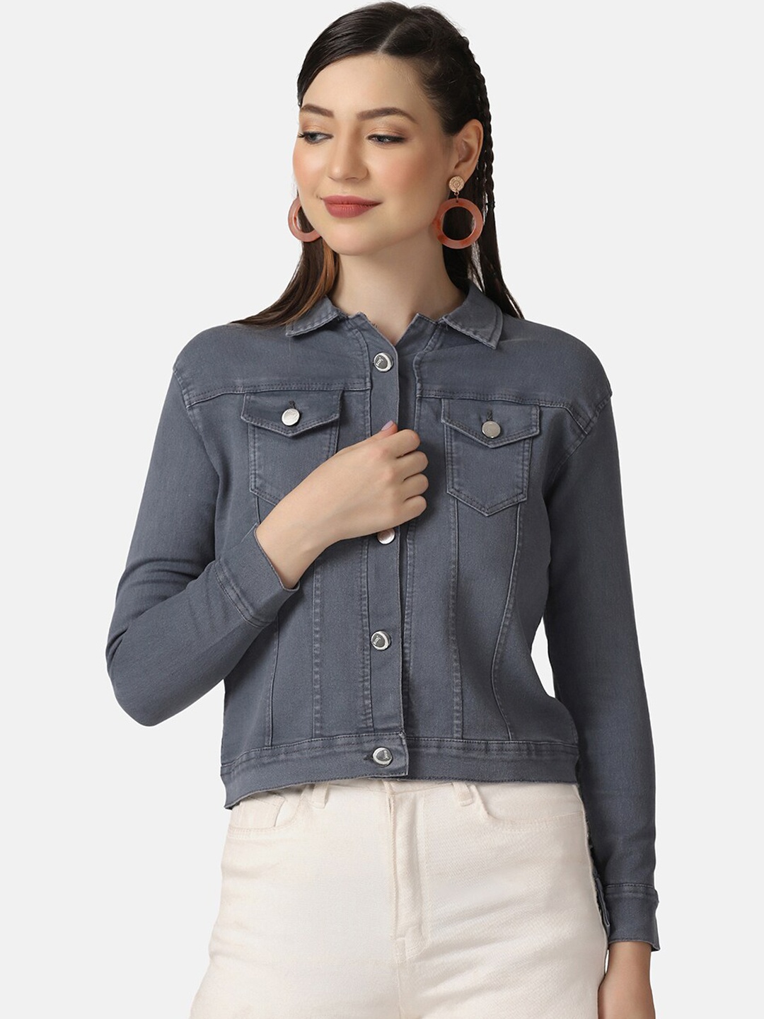 

BUY NEW TREND Women Grey Washed Lightweight Crop Denim Jacket