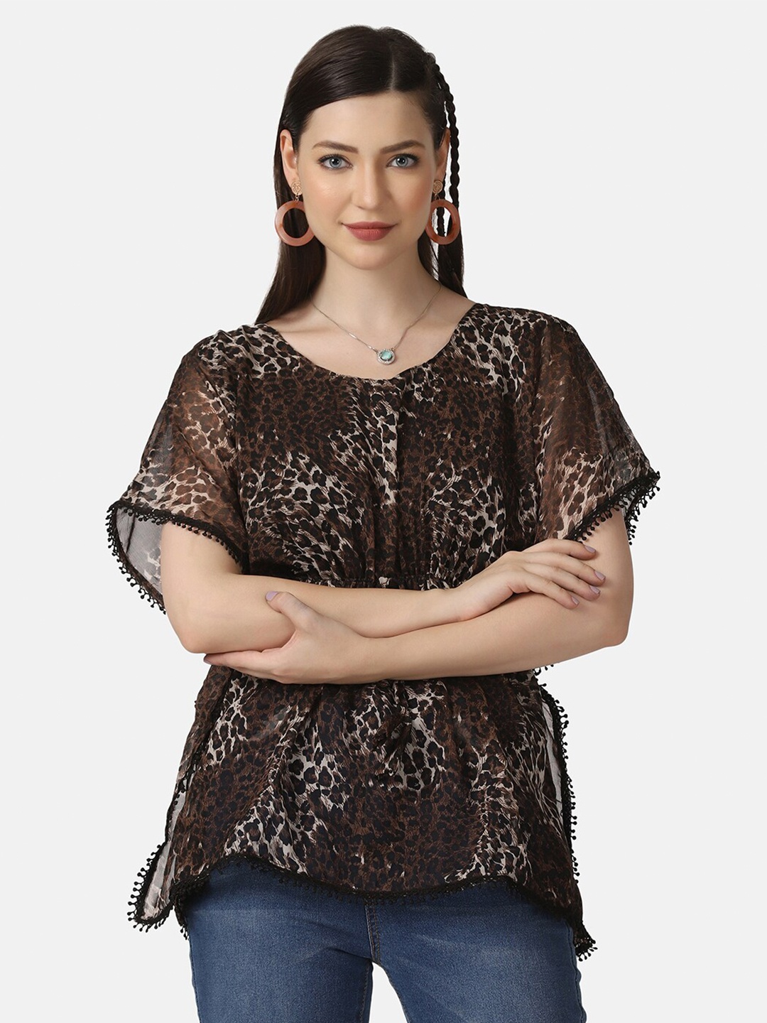 

BUY NEW TREND Brown Floral Print Extended Sleeves Georgette Kaftan Top