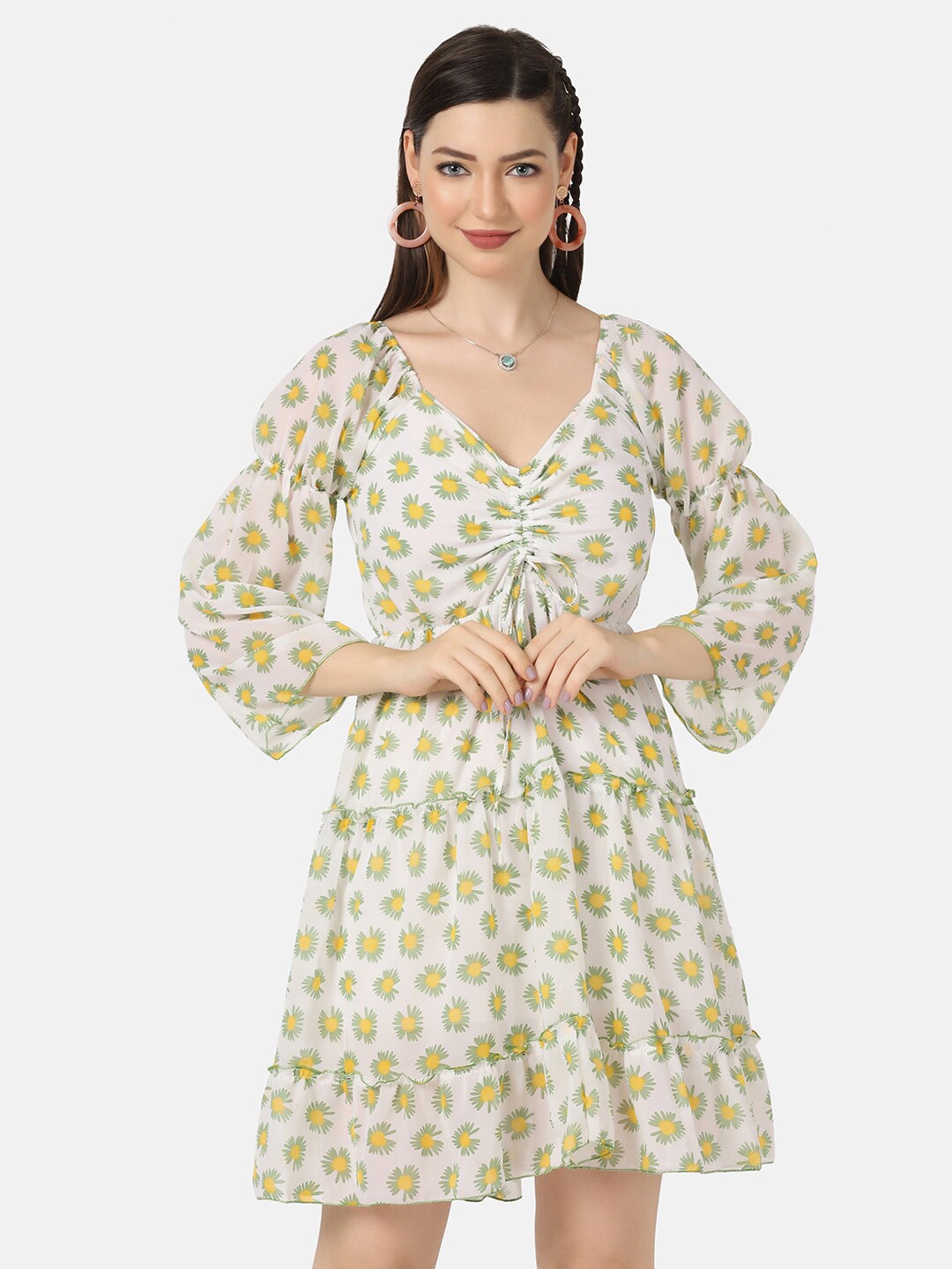 

BUY NEW TREND Green & Beige Floral Georgette Dress