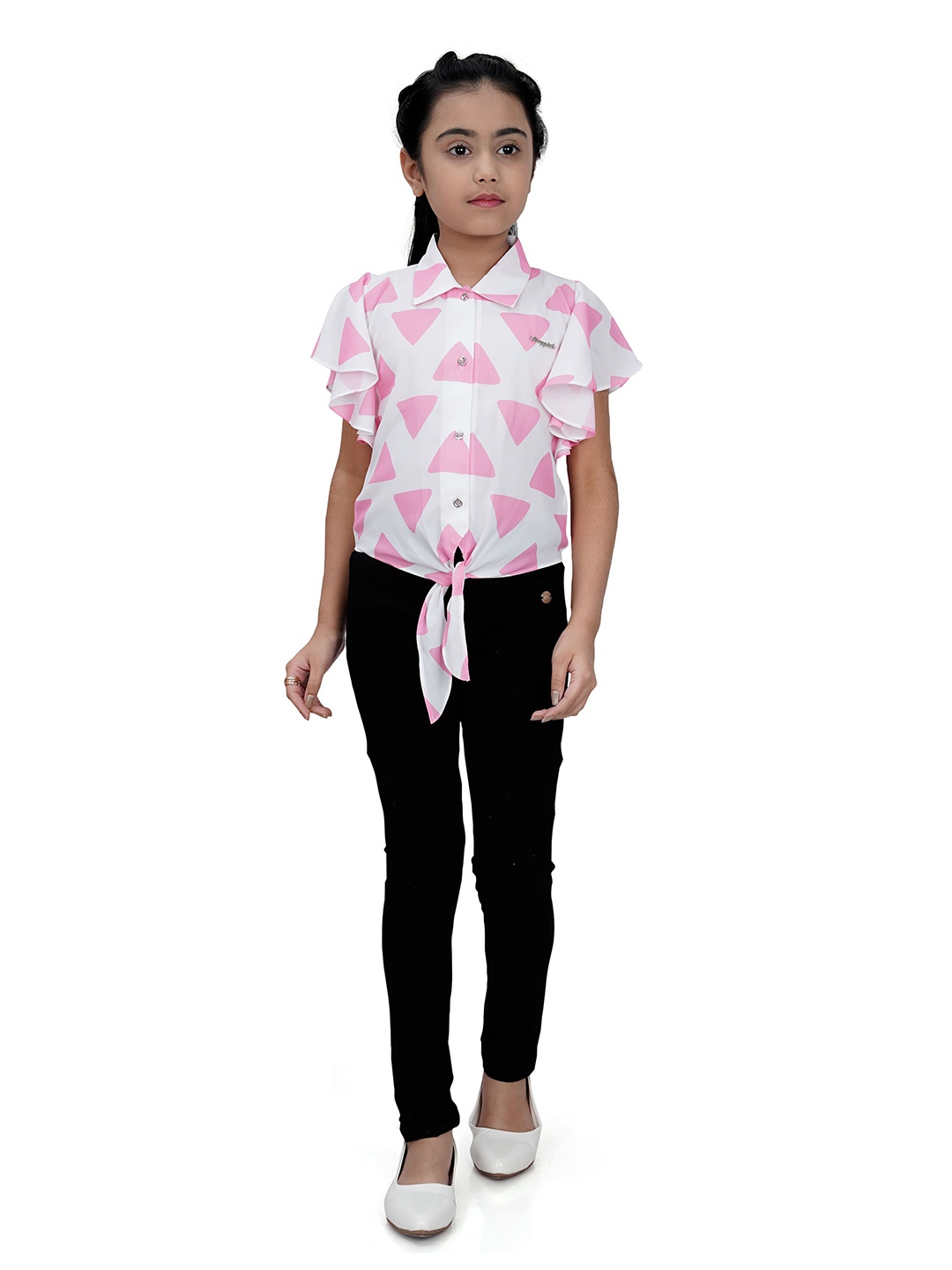 

Tiny Girl Pink Geometric Print Shirt Style Top, White