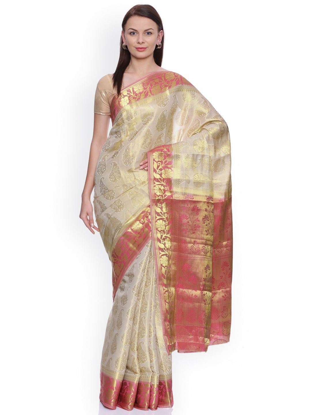 

MIMOSA Off-White Art Silk Woven Design Kanjeevaram Saree