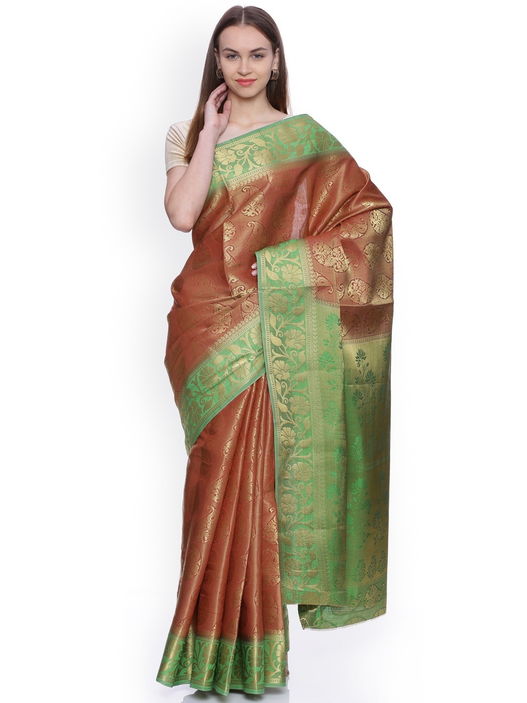 

MIMOSA Rust Red & Green Art Silk Woven Design Kanjeevaram Saree