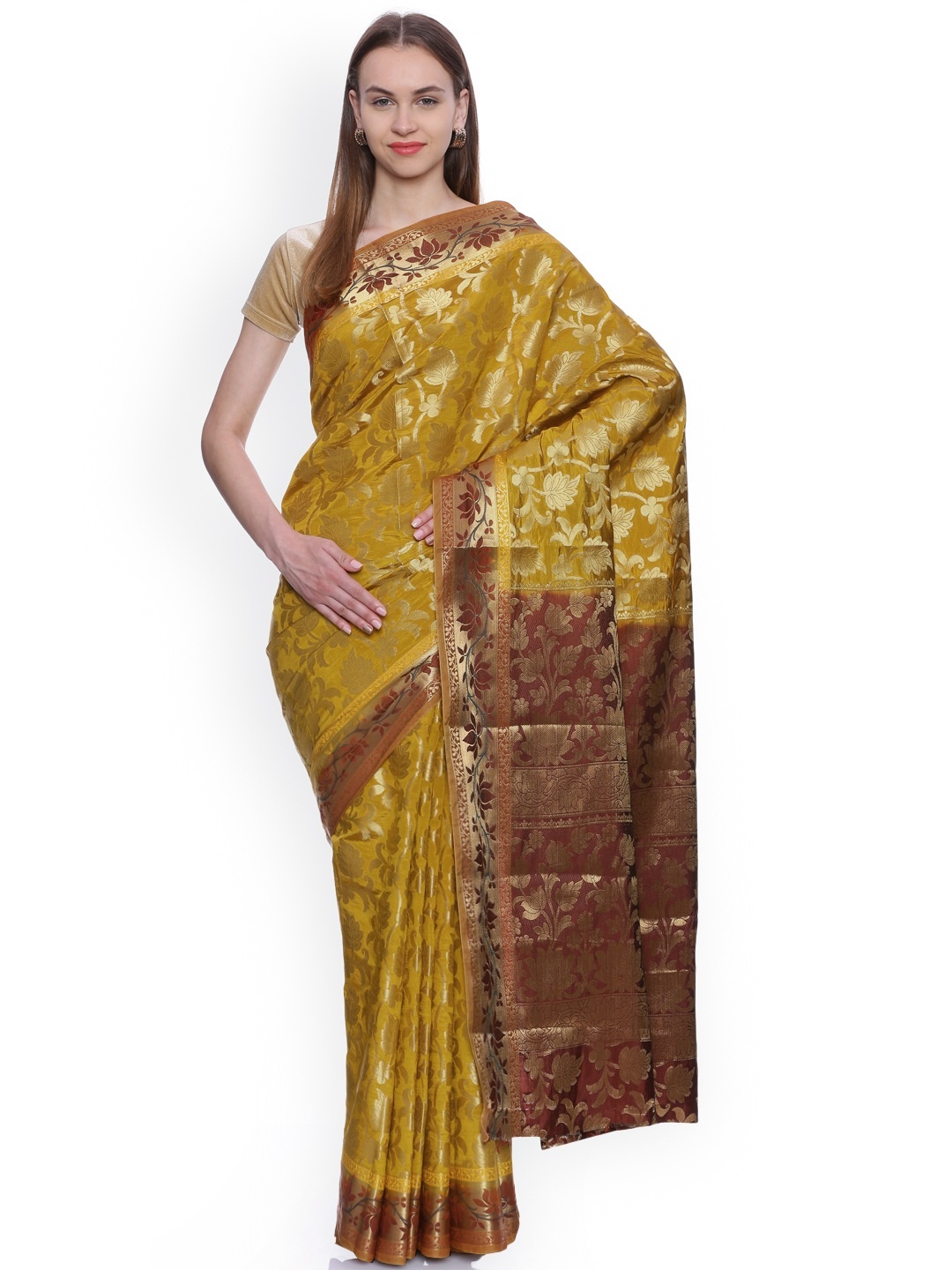 

MIMOSA Gold-Toned Art Silk Woven Design Kanjeevaram Saree