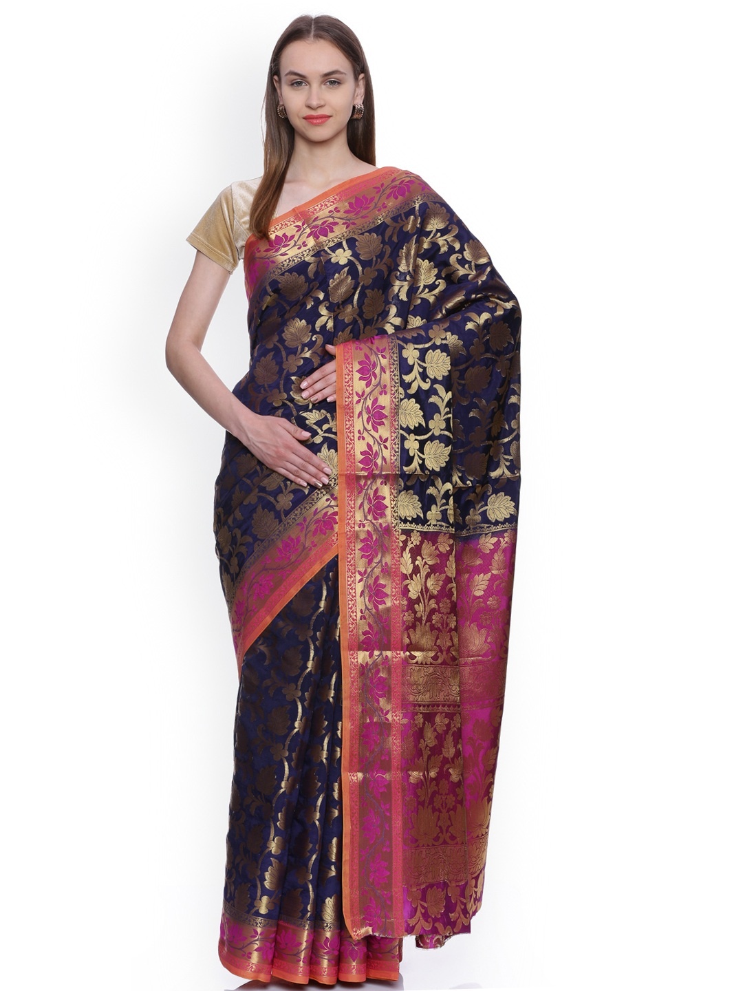 

MIMOSA Navy Art Silk Woven Design Kanjeevaram Saree, Navy blue