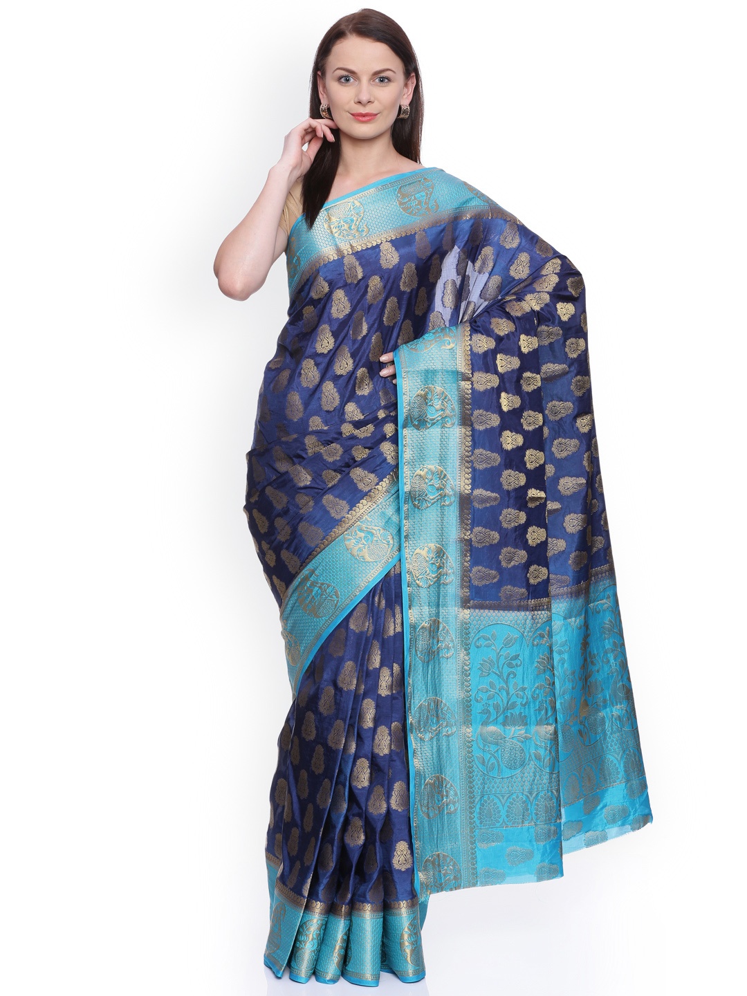 

MIMOSA Navy Art Silk Woven Design Kanjeevaram Saree, Navy blue