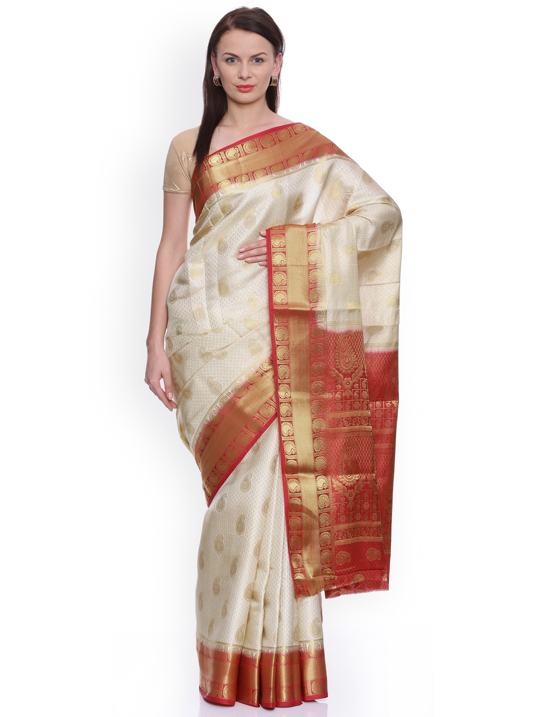 

MIMOSA Red & Off-White Art Silk Woven Design Kanjeevaram Saree