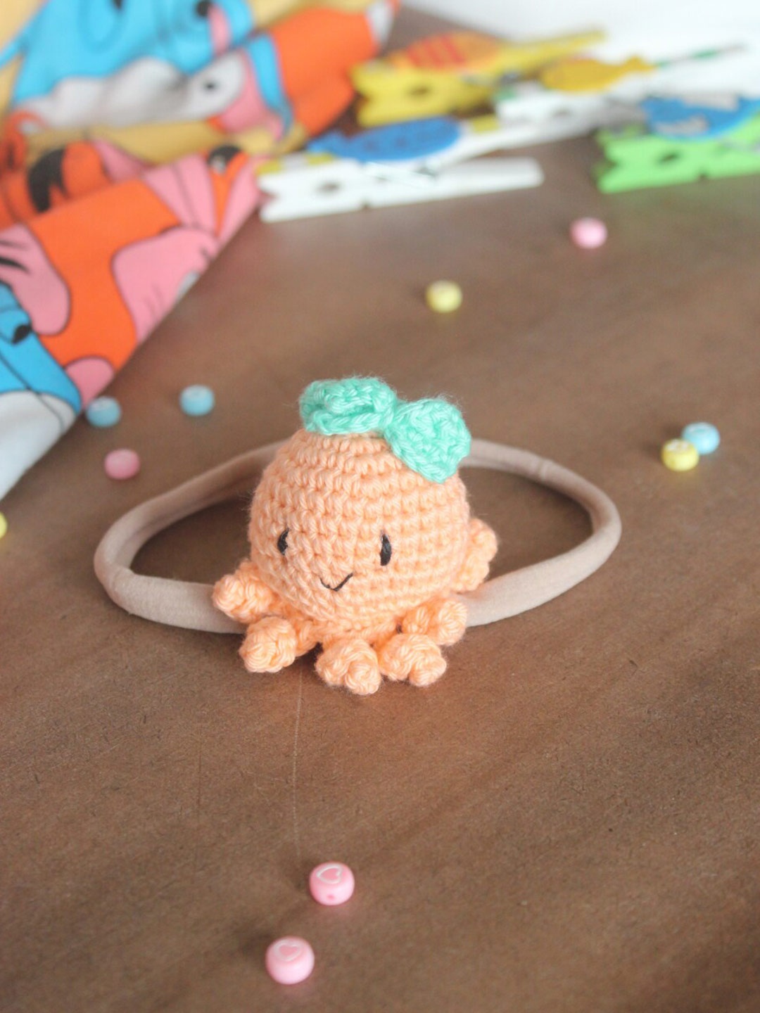 

Choko Girls Peach-Coloured & Green Octopus Crochet Hairband