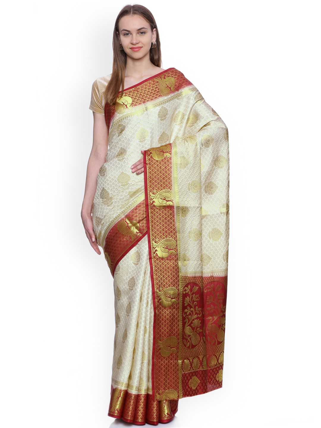 

MIMOSA Off-White & Maroon Art Silk Woven Design Kanjeevaram Saree