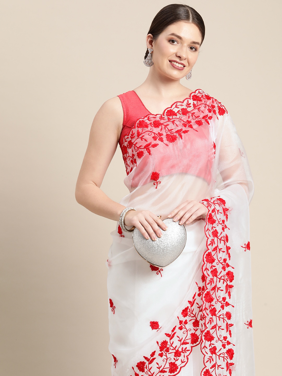 

Mitera White & Red Floral Embroidered Organza Saree with Blouse Piece