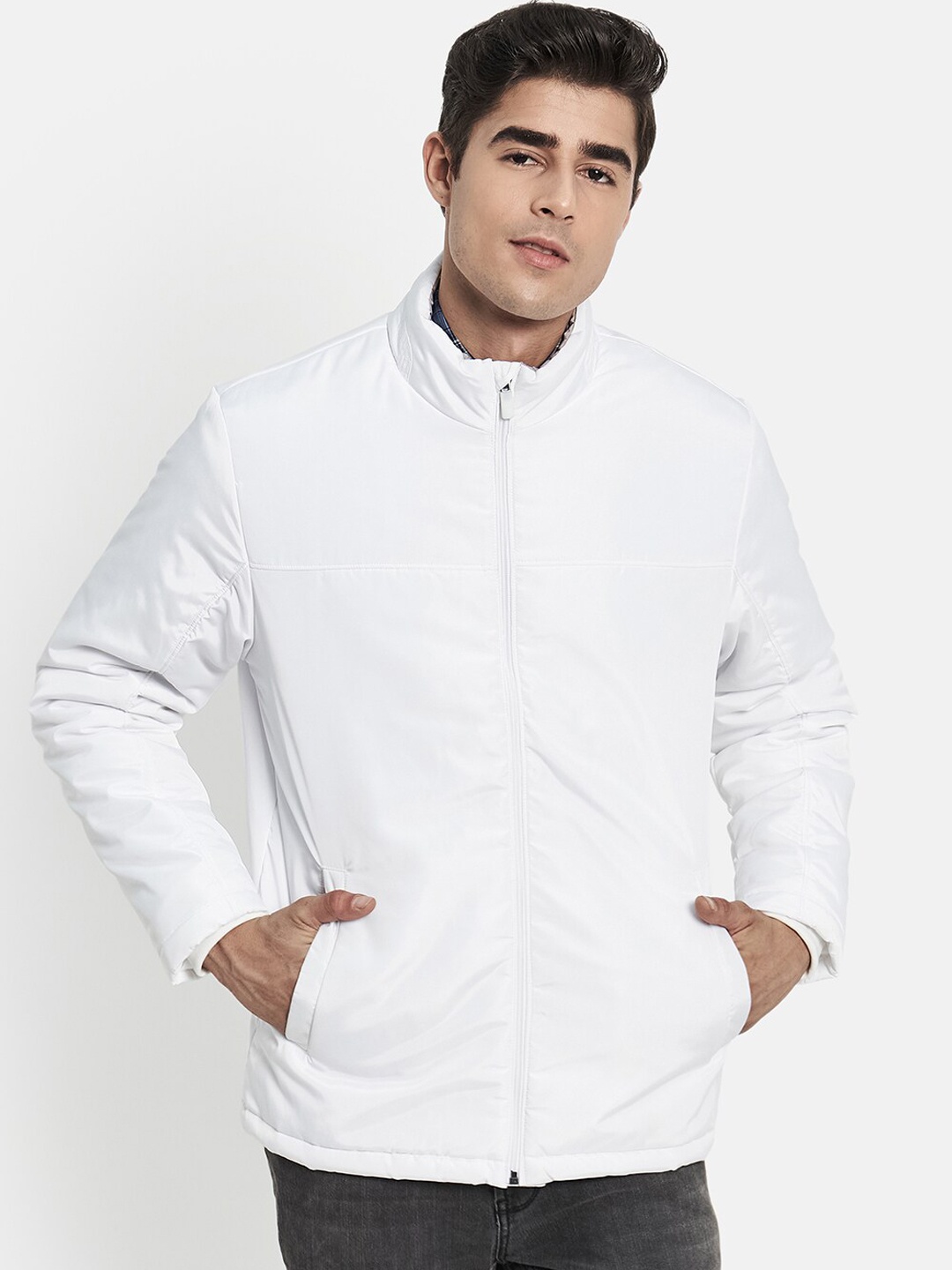 

METTLE Men White Solid Bomber Jacket