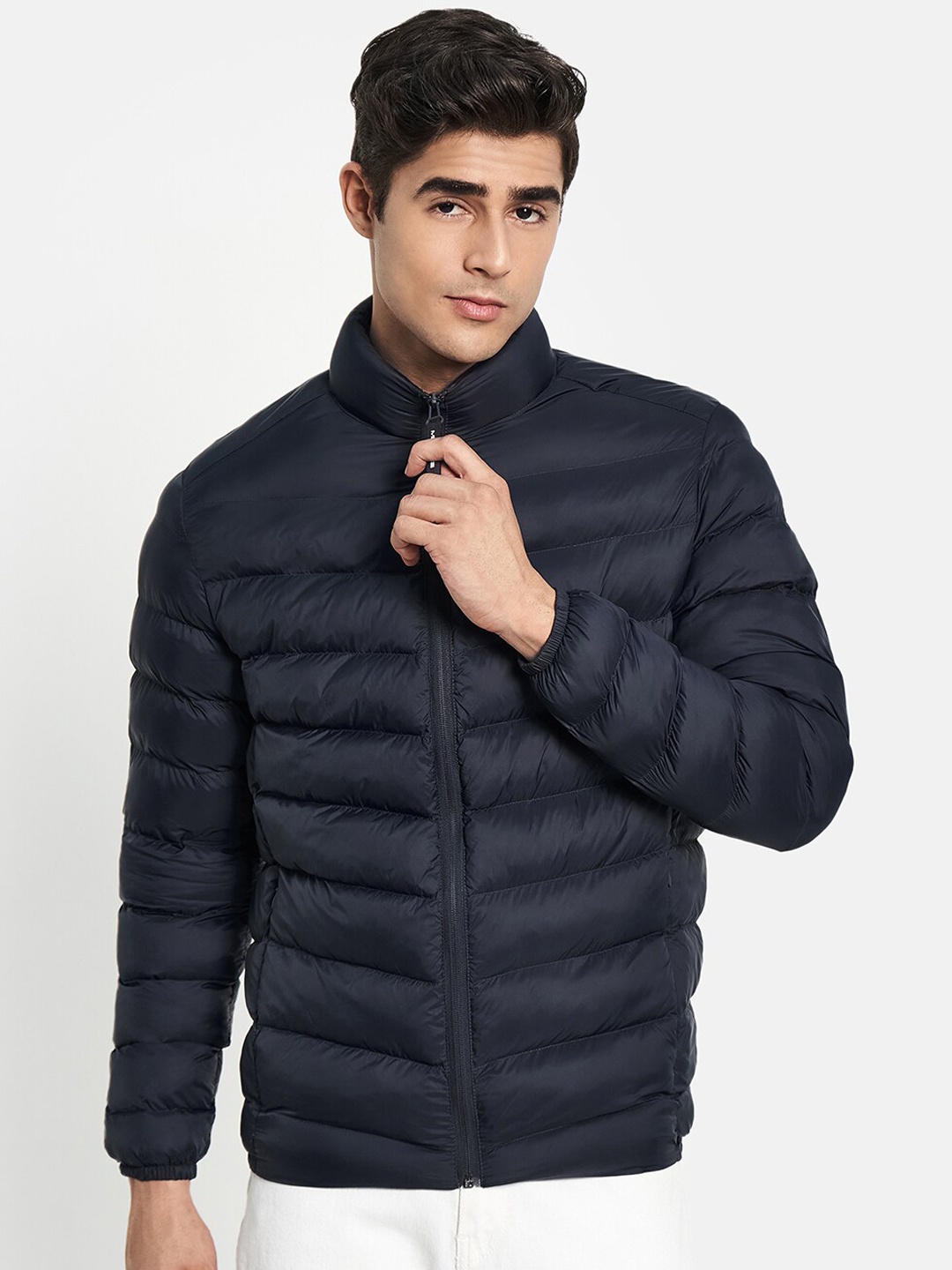 

METTLE Men Navy Blue Camouflage Puffer Jacket