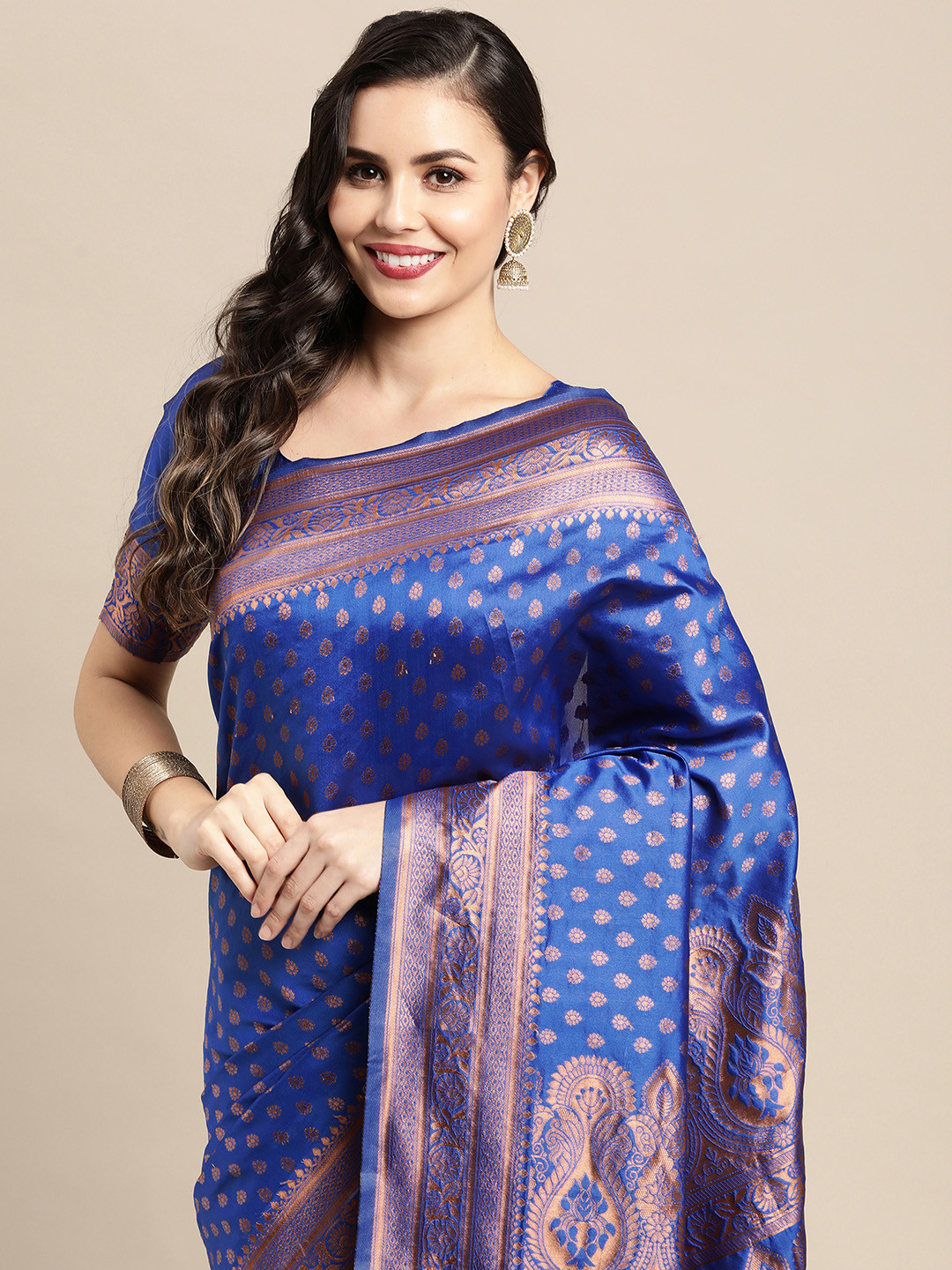 

Saree mall Blue & Gold-Toned Woven Design Zari Silk Blend Banarasi Sarees