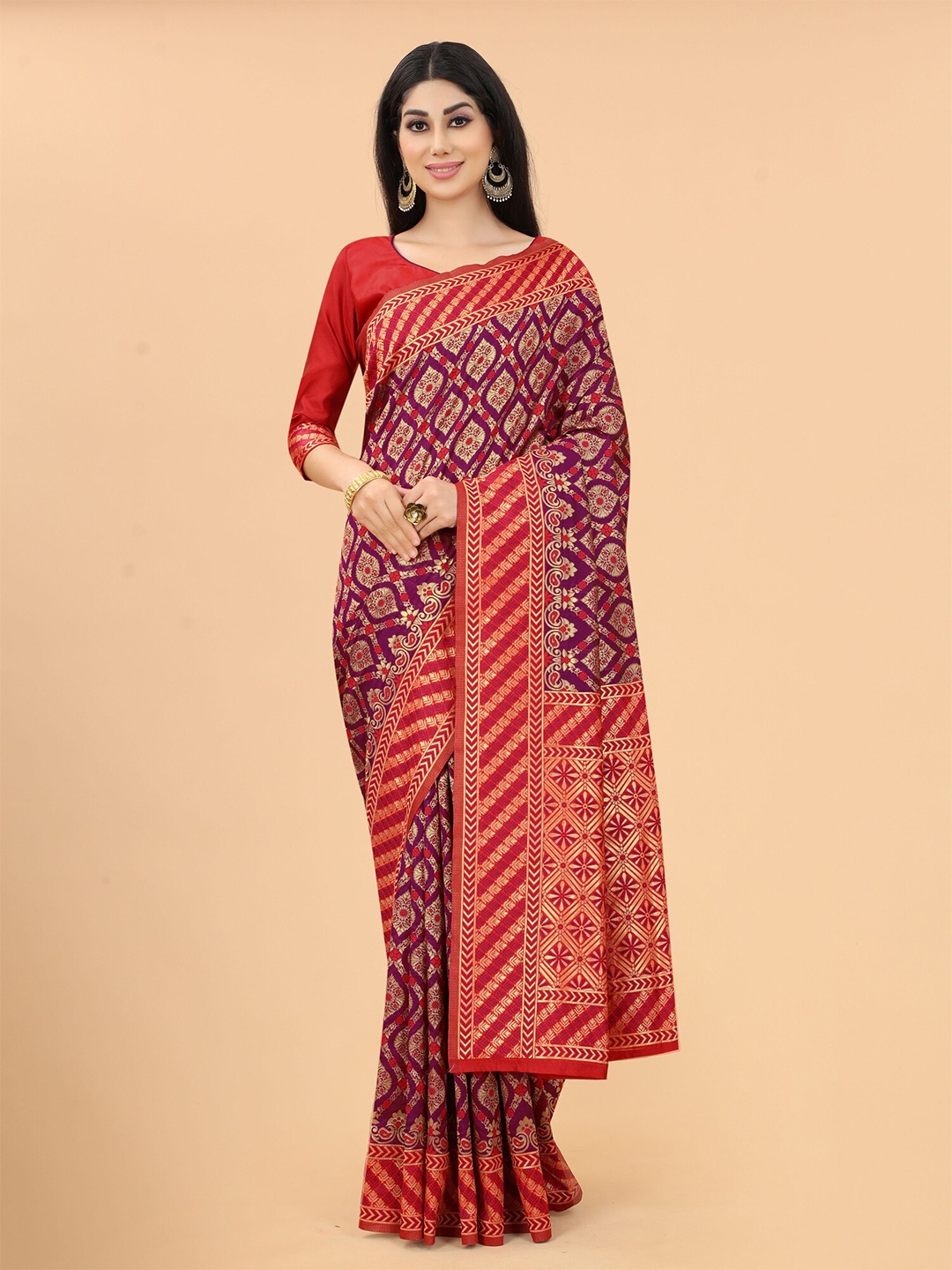 

SATYAM WEAVES Red & Burgundy Woven Design Zari Silk Cotton Banarasi Saree