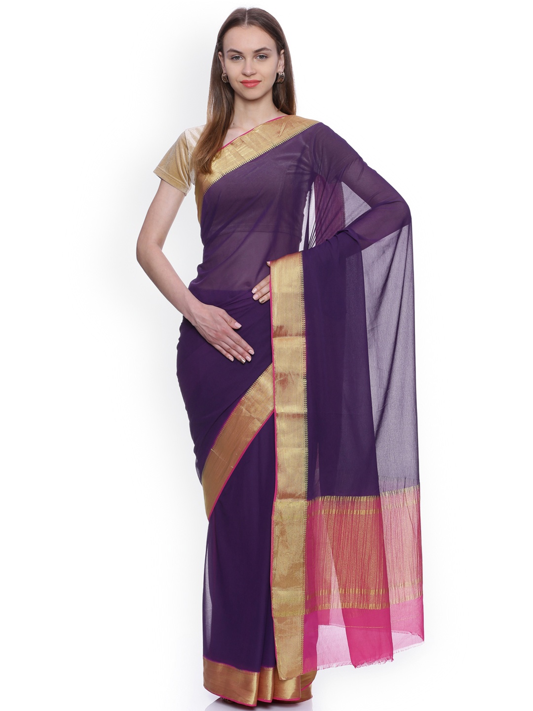 

MIMOSA Blue Poly Chiffon Solid Banarasi Saree
