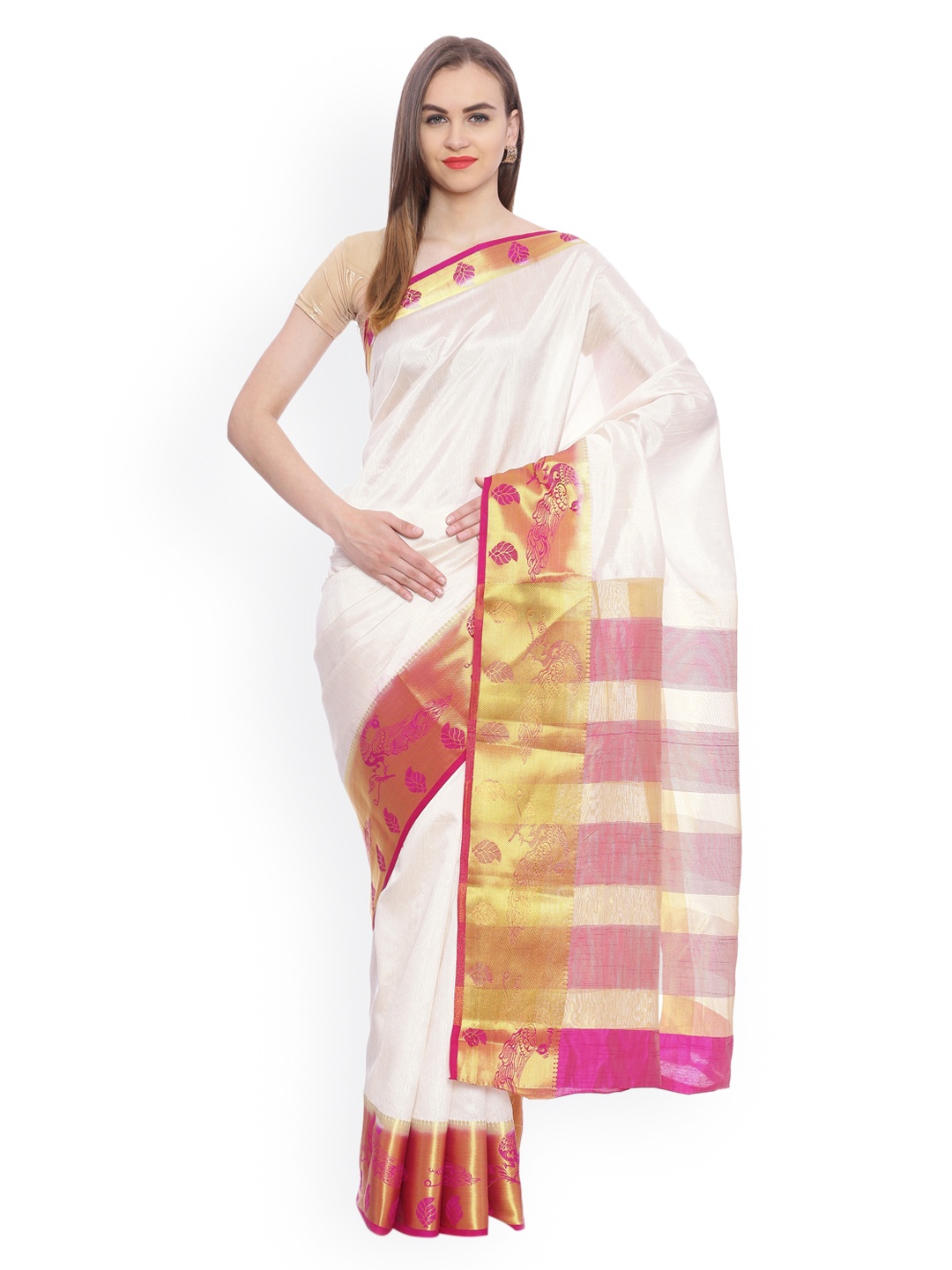 

MIMOSA Off-White Art Silk Woven Design Kanjeevaram Saree