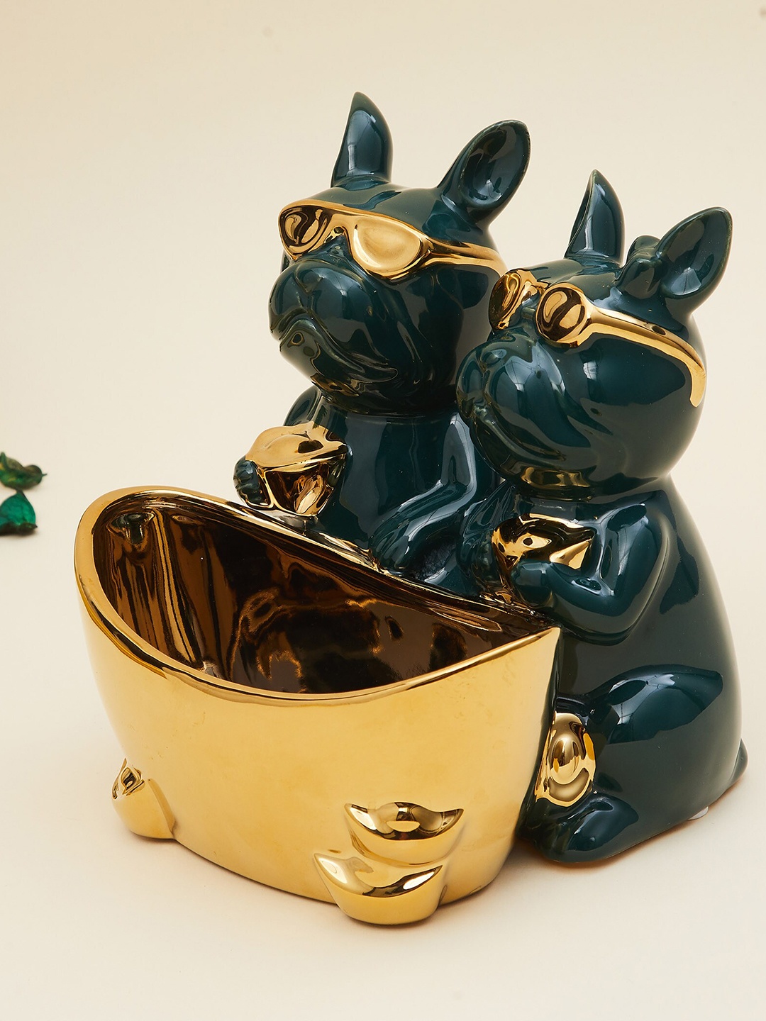 

Home Centre Gold-Toned & Green Solid Dual Dog With Bowl Figurine Showpieces