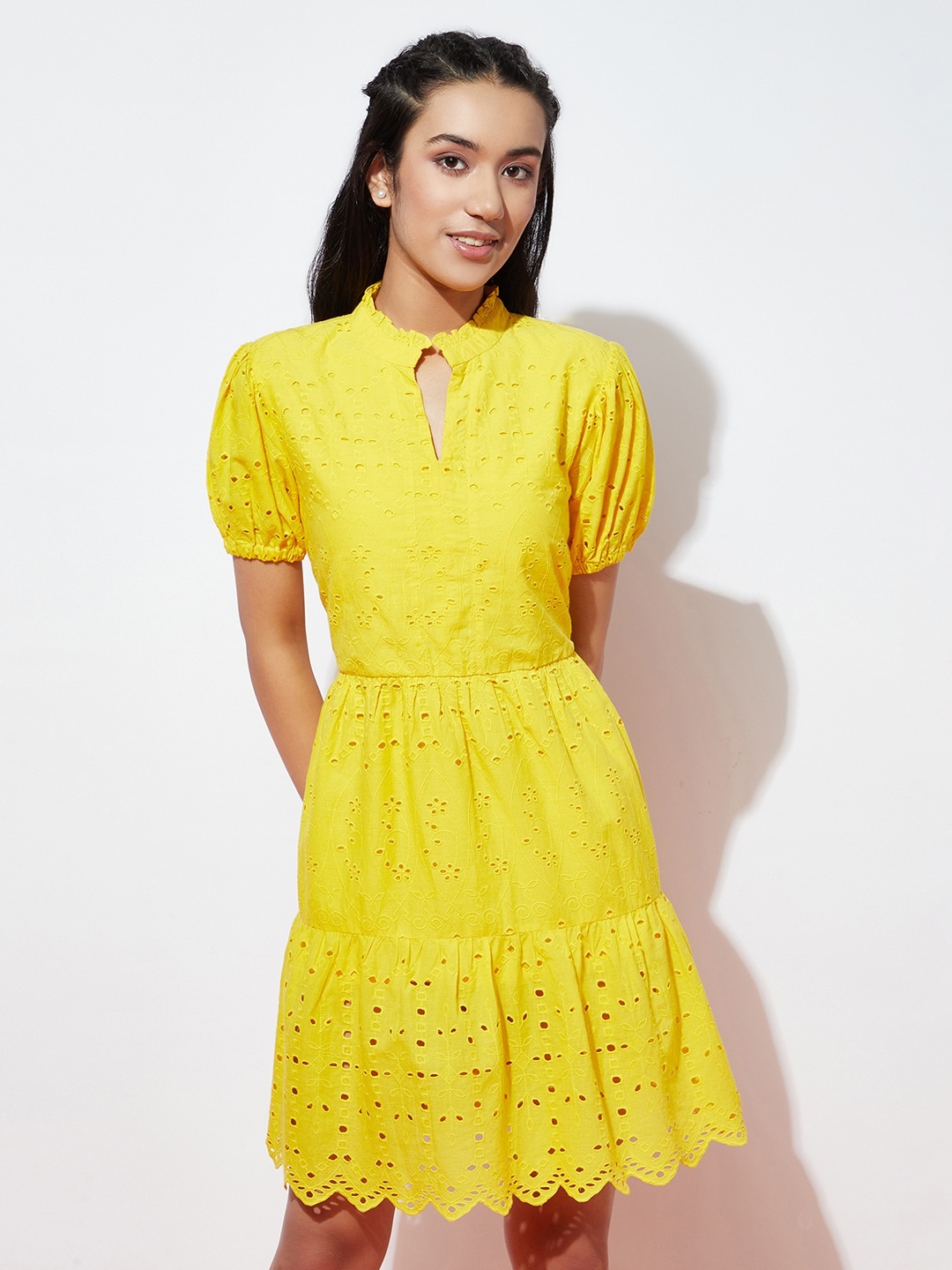 

SPUNKIES Girls Yellow Cotton Schiffli A-Line Dress