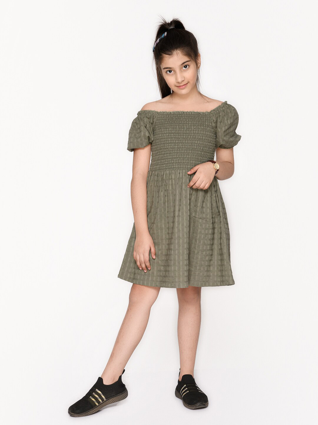 

SPUNKIES Girls Olive Green Striped Off-Shoulder Dress